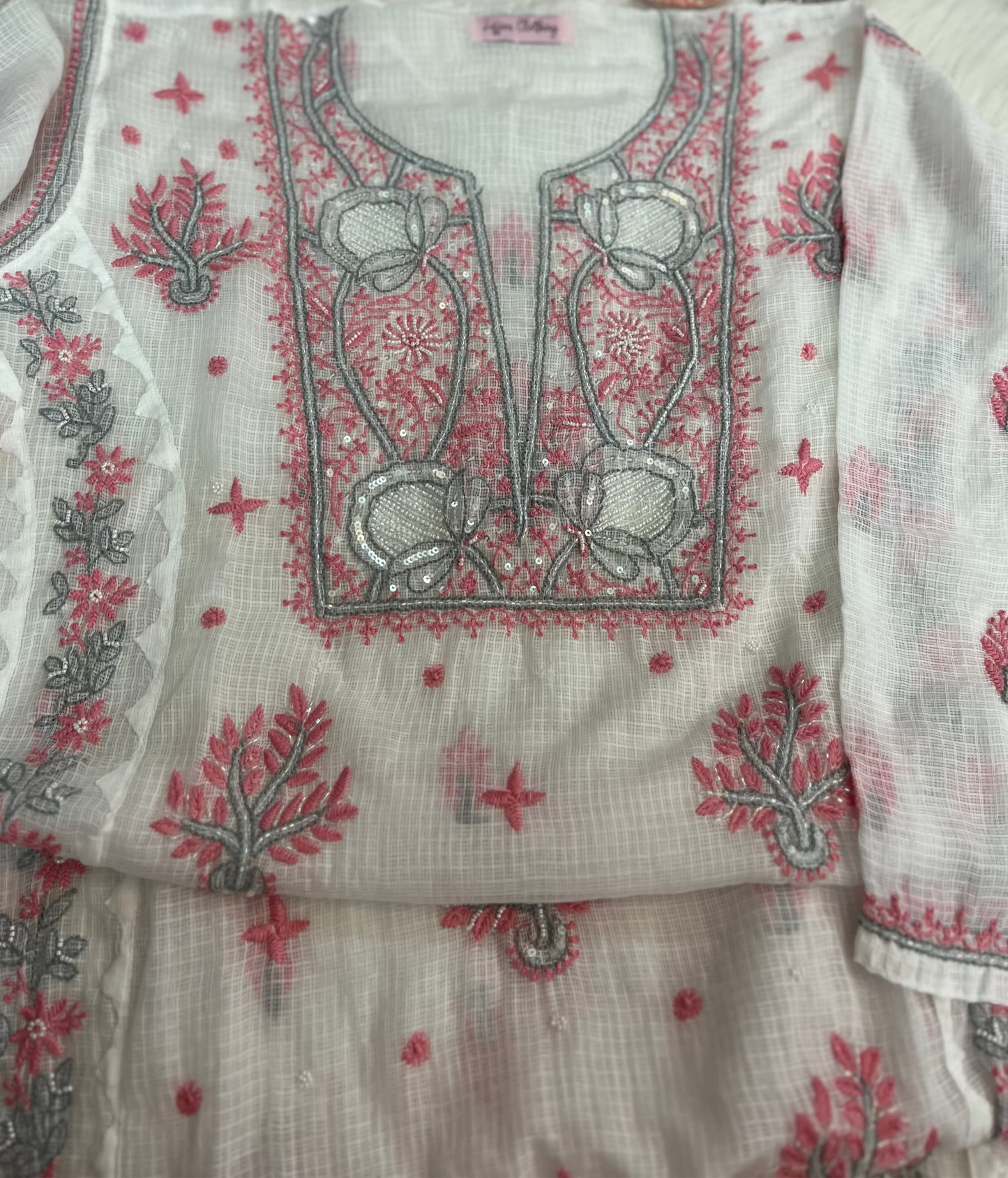 Kota Doriya Semi-Stitched Kurta in Grey and Pink