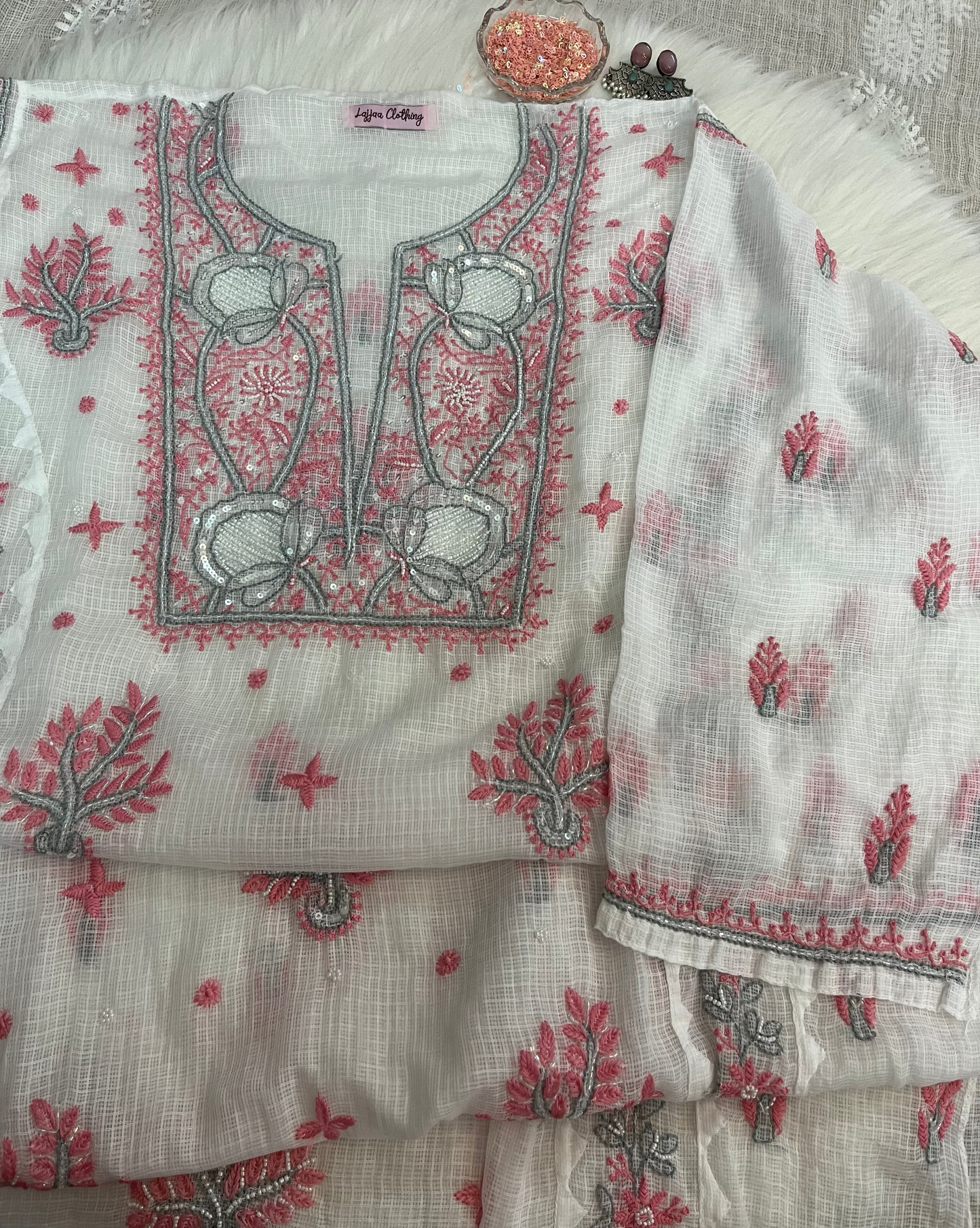 Kota Doriya Semi-Stitched Kurta in Grey and Pink