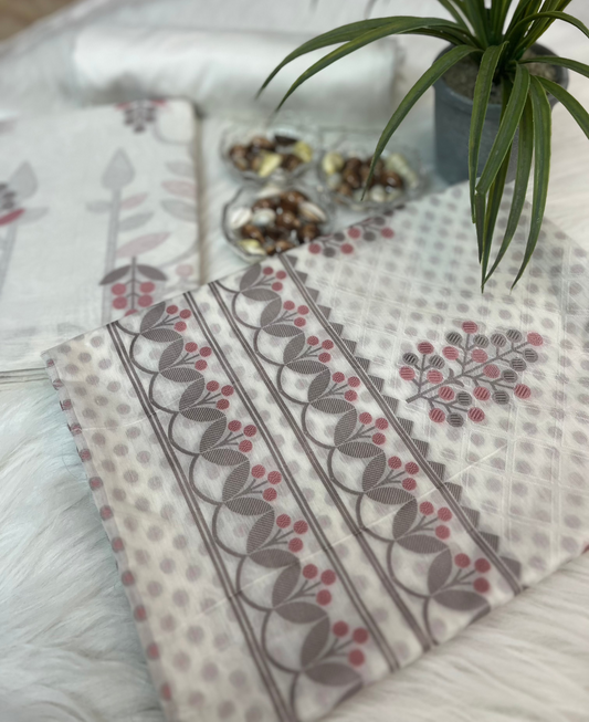 White Taupe Pink Banarasi Muslin Cotton Suit Set