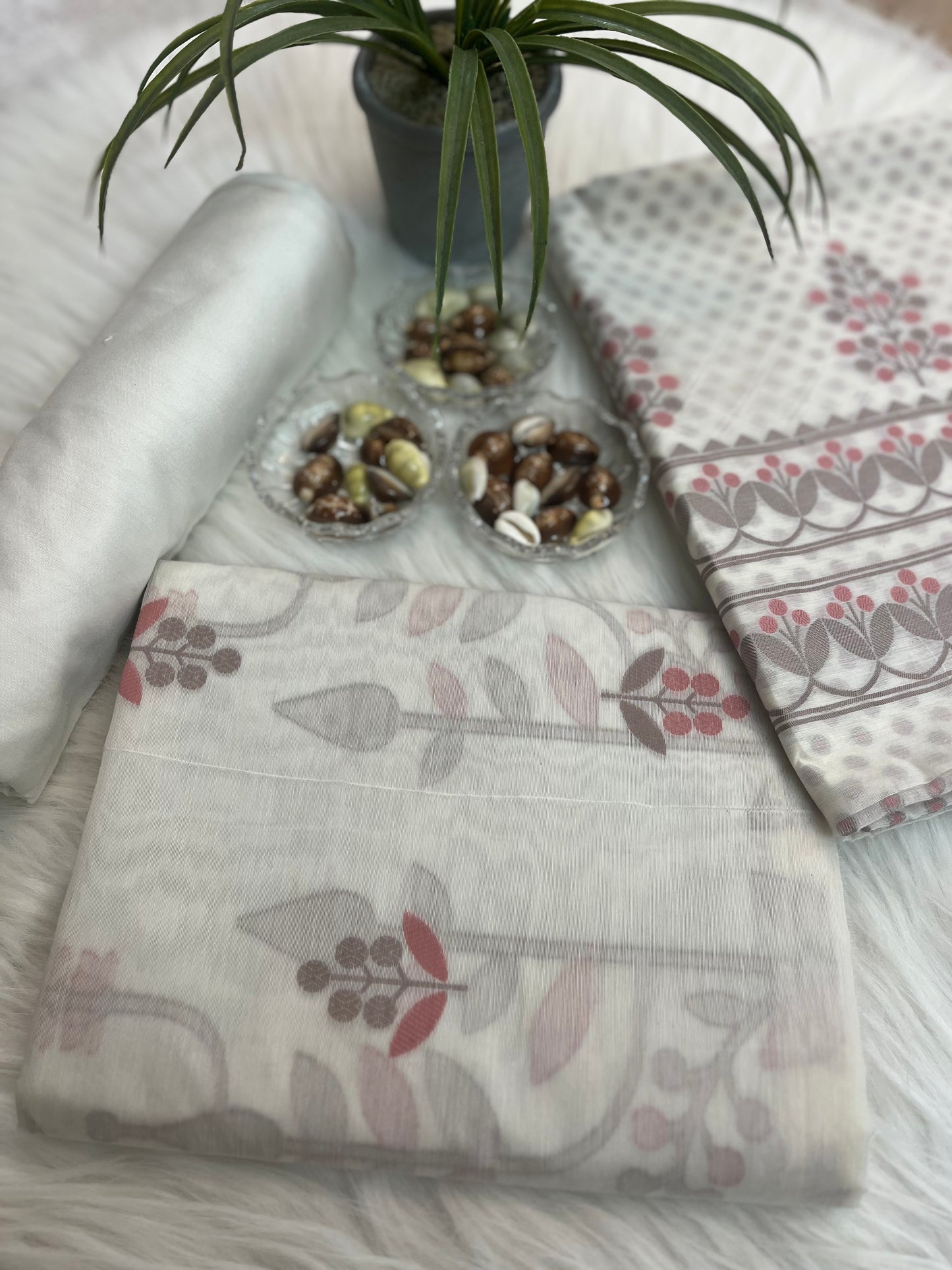 White Taupe Pink Banarasi Muslin Cotton Suit Set