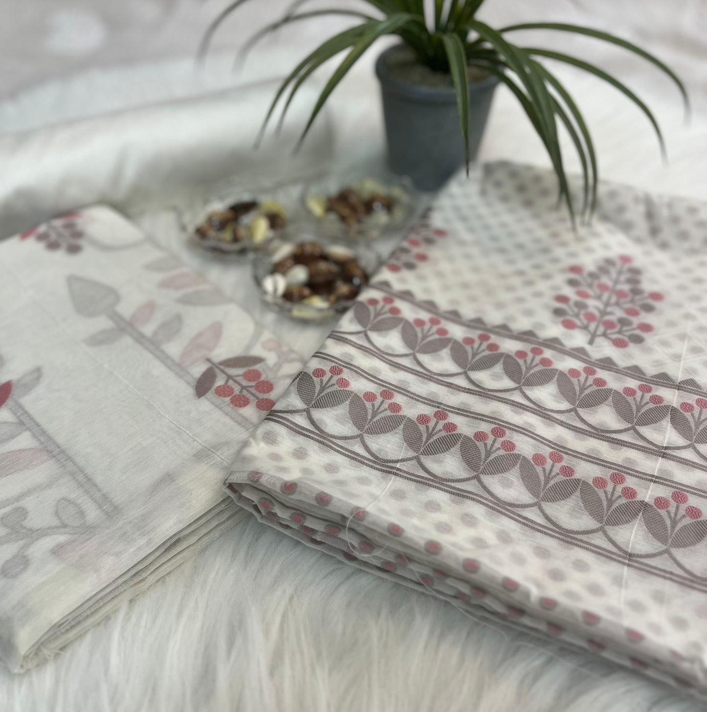White Taupe Pink Banarasi Muslin Cotton Suit Set