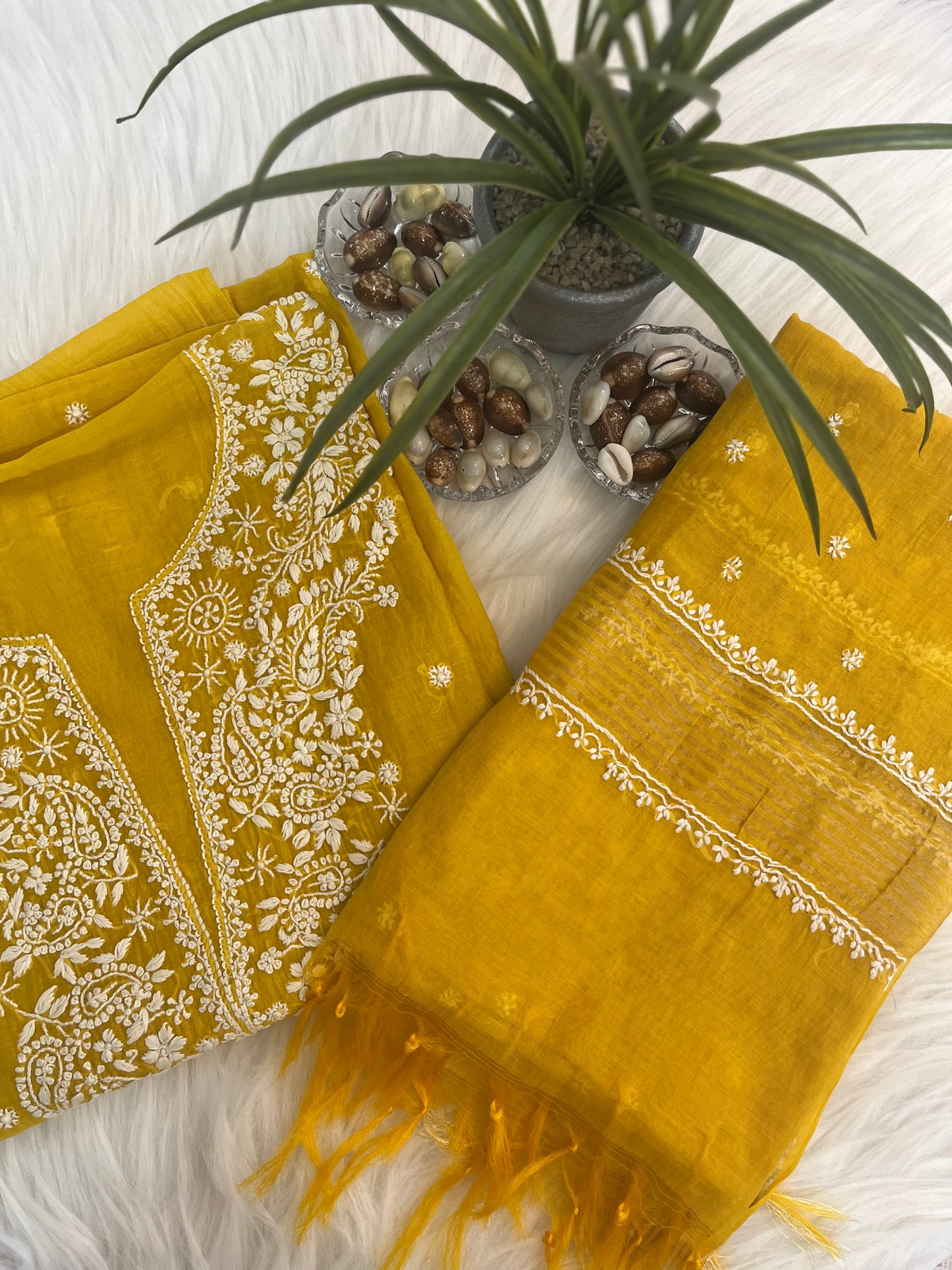 Yellow Mul Chanderi Chikankari Suit Set