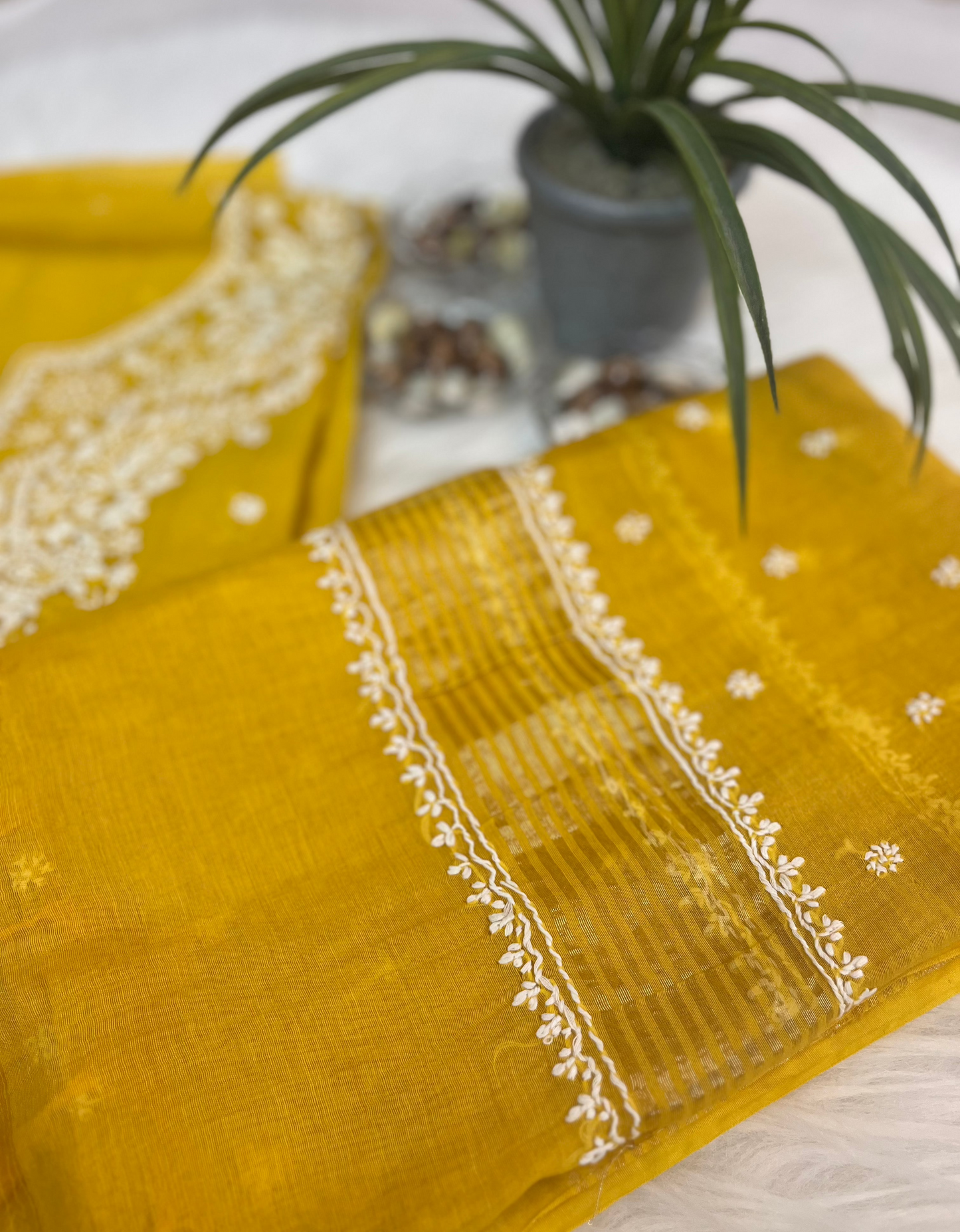 Yellow Mul Chanderi Chikankari Suit Set