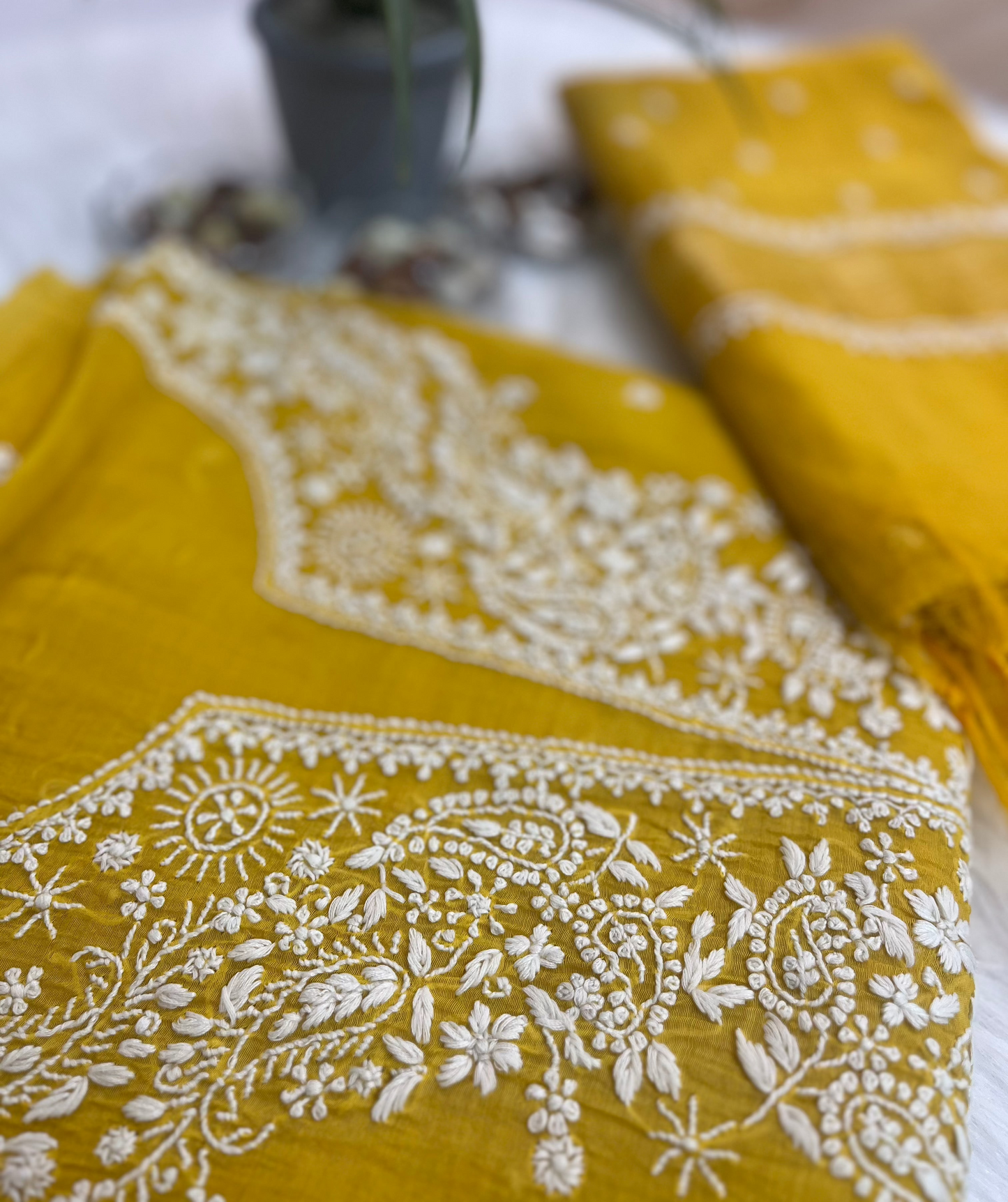 Yellow Mul Chanderi Chikankari Suit Set