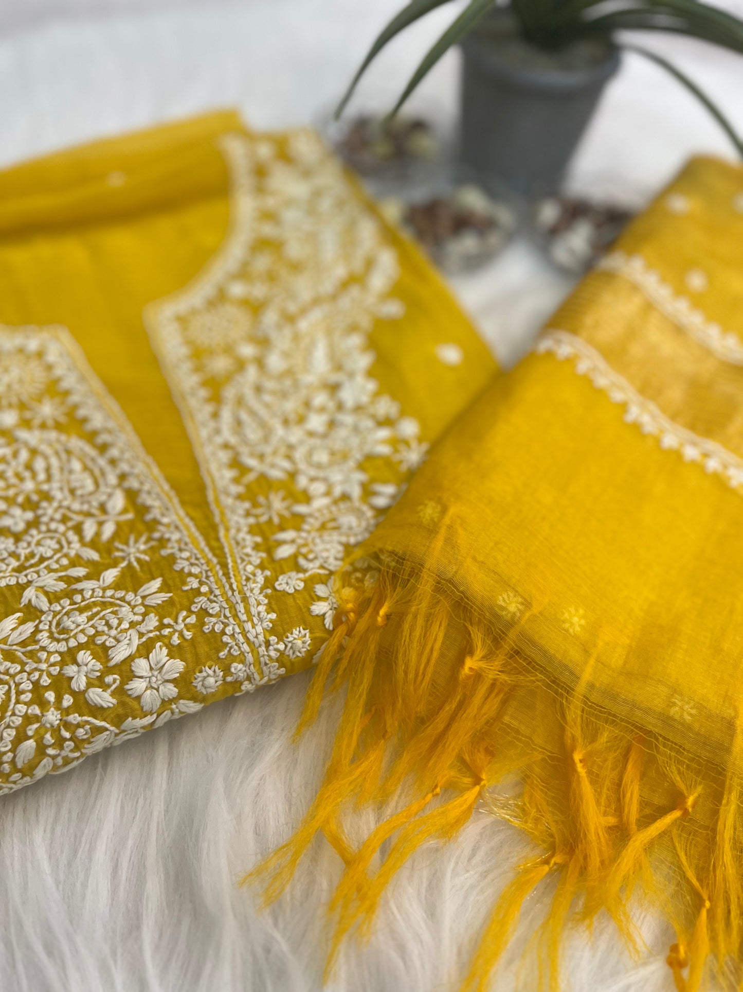 Yellow Mul Chanderi Chikankari Suit Set