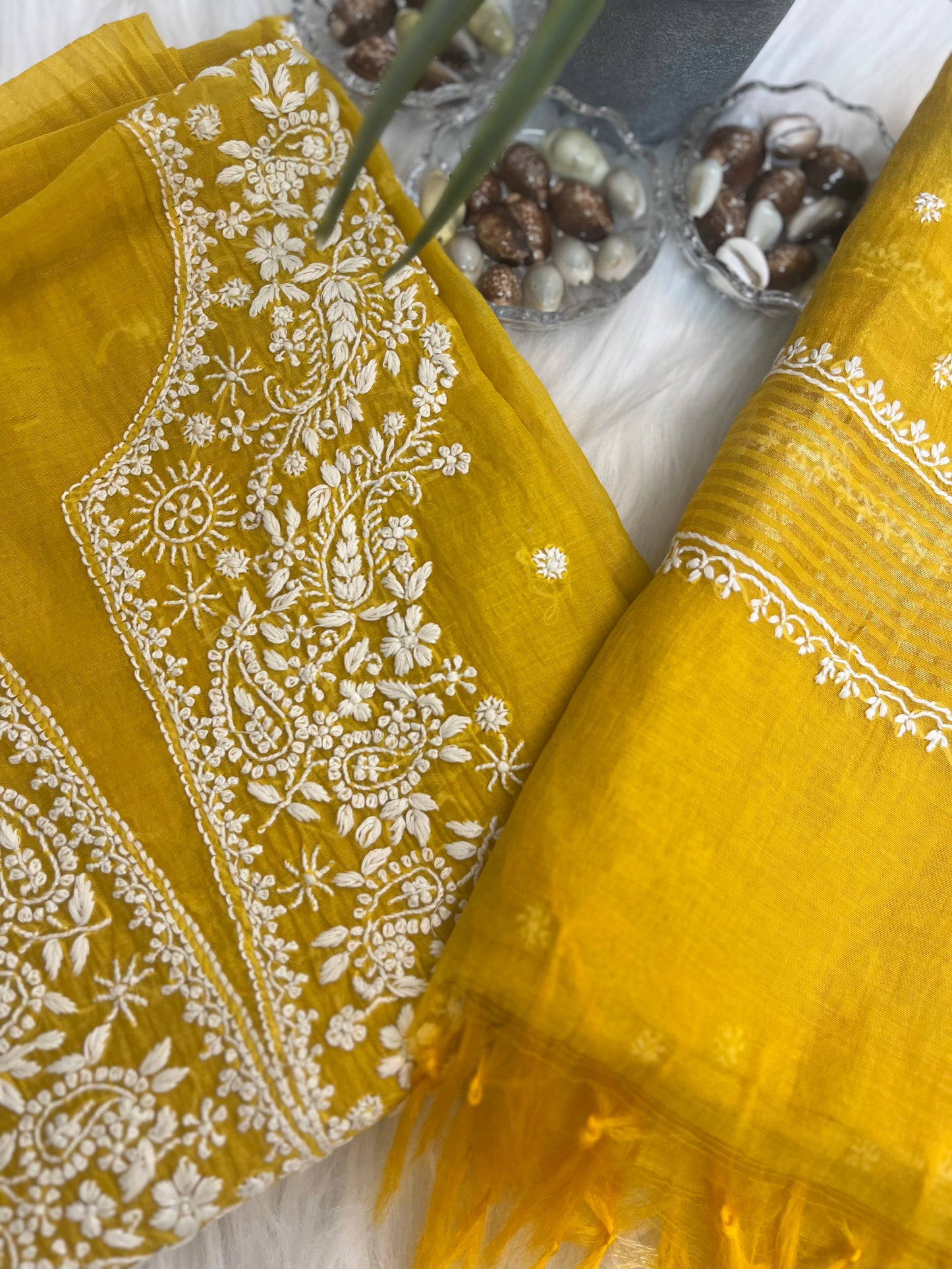 Yellow Mul Chanderi Chikankari Suit Set