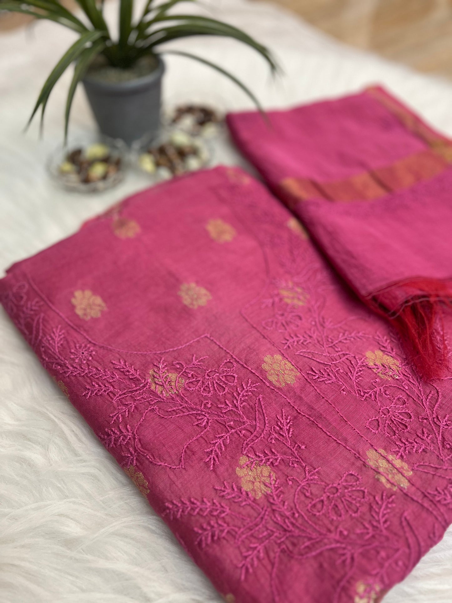 Hot Pink Banarasi Butta Chikankari Suit Set