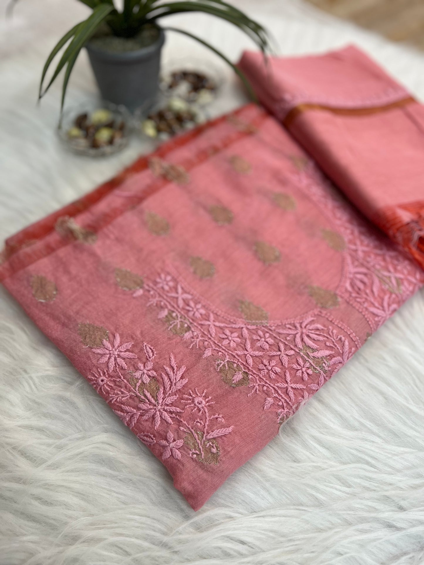 Peach Banarasi Butta Chikankari Suit Set