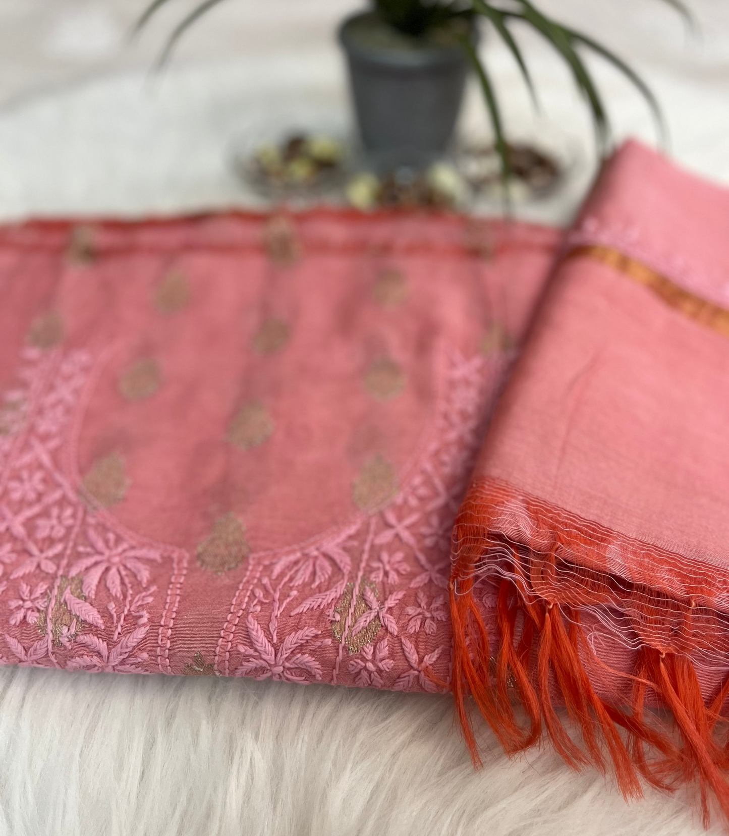 Peach Banarasi Butta Chikankari Suit Set