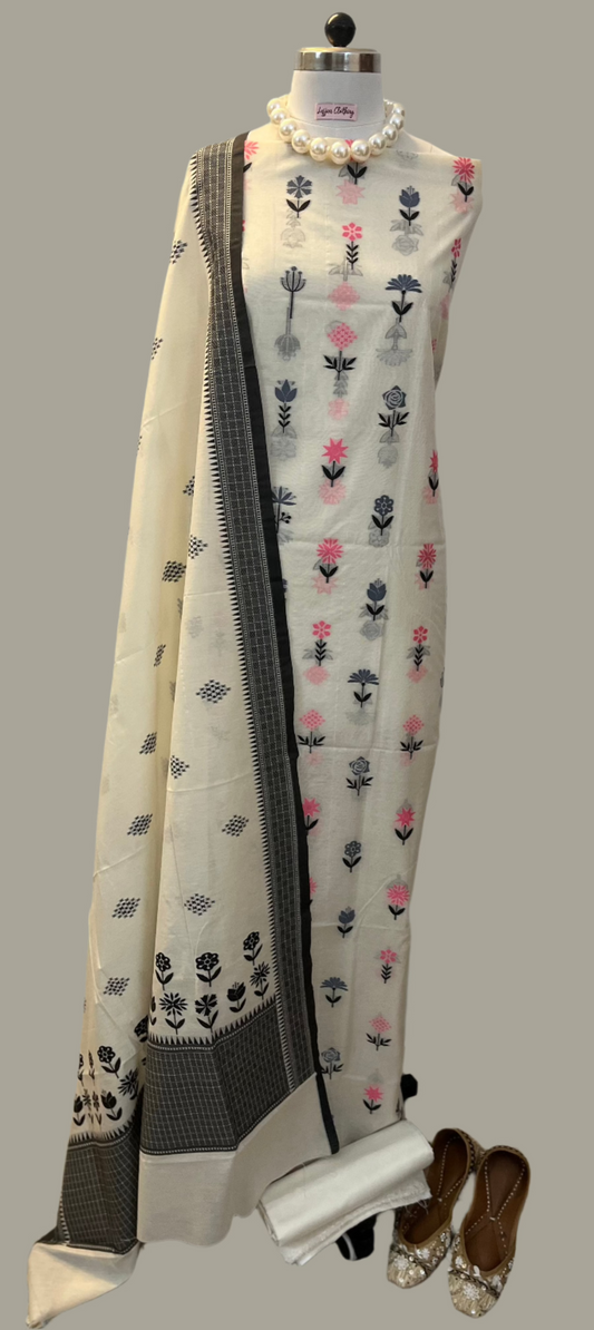 White Black Pink Banarasi Muslin Cotton Suit Set