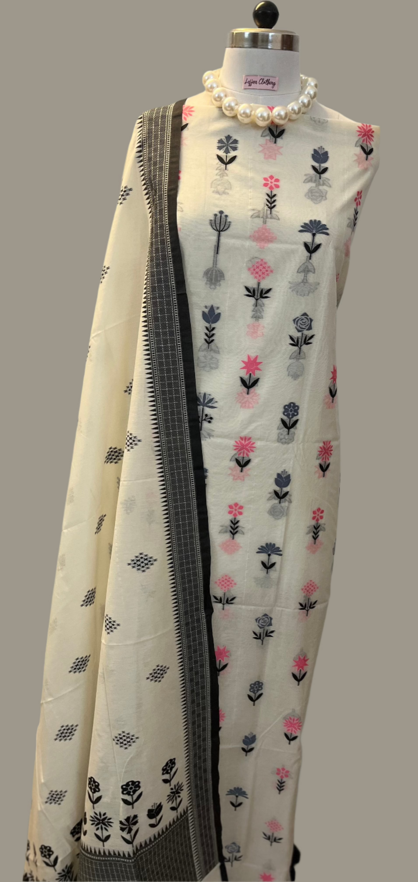 White Black Pink Banarasi Muslin Cotton Suit Set