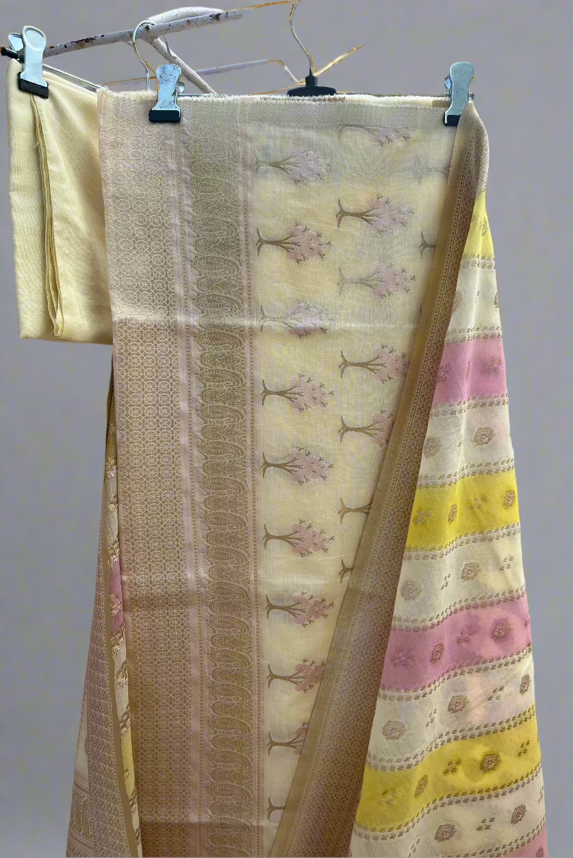 Lemon Pink Banarasi Cotton Silk Suit Set
