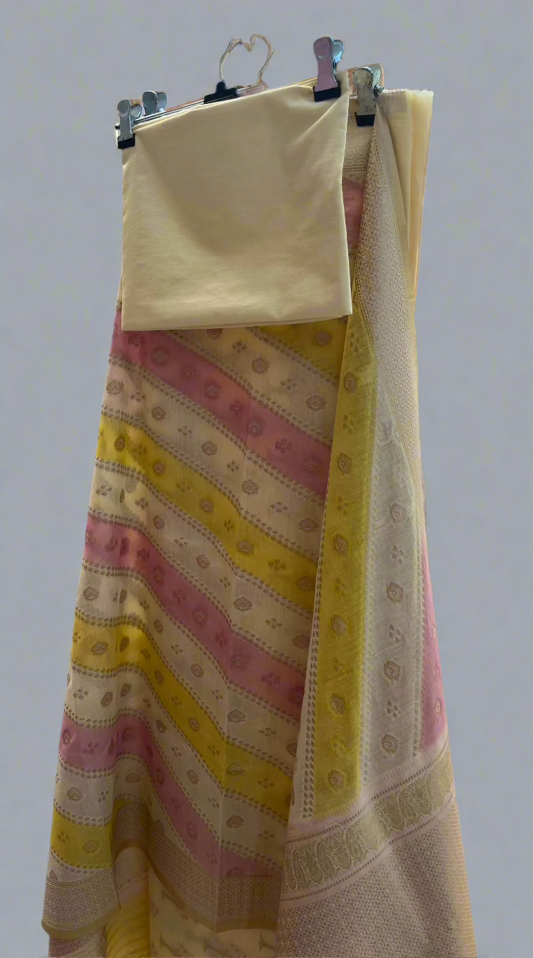 Lemon Pink Banarasi Cotton Silk Suit Set