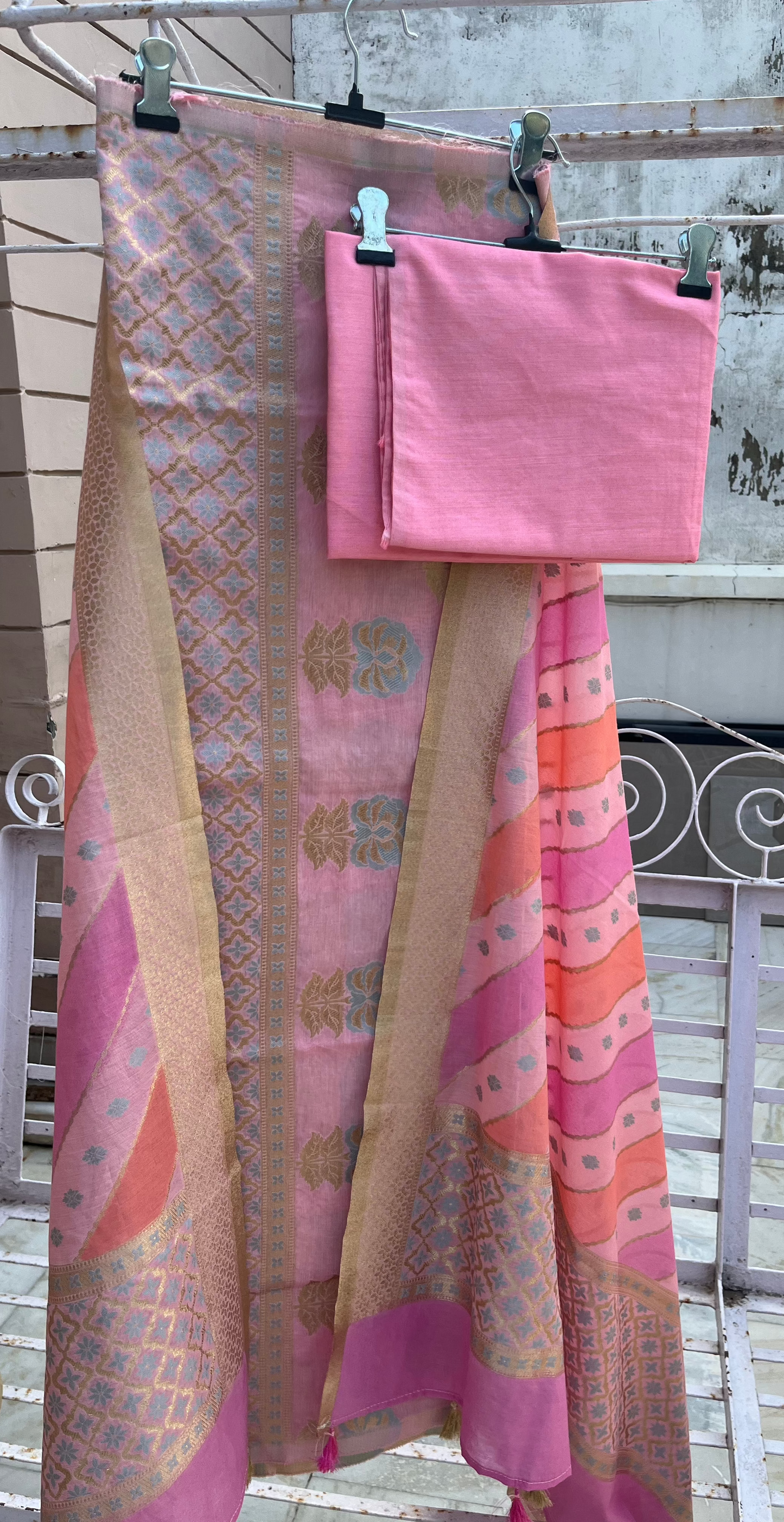 Pink Blue Banarasi Cotton Silk Suit Set