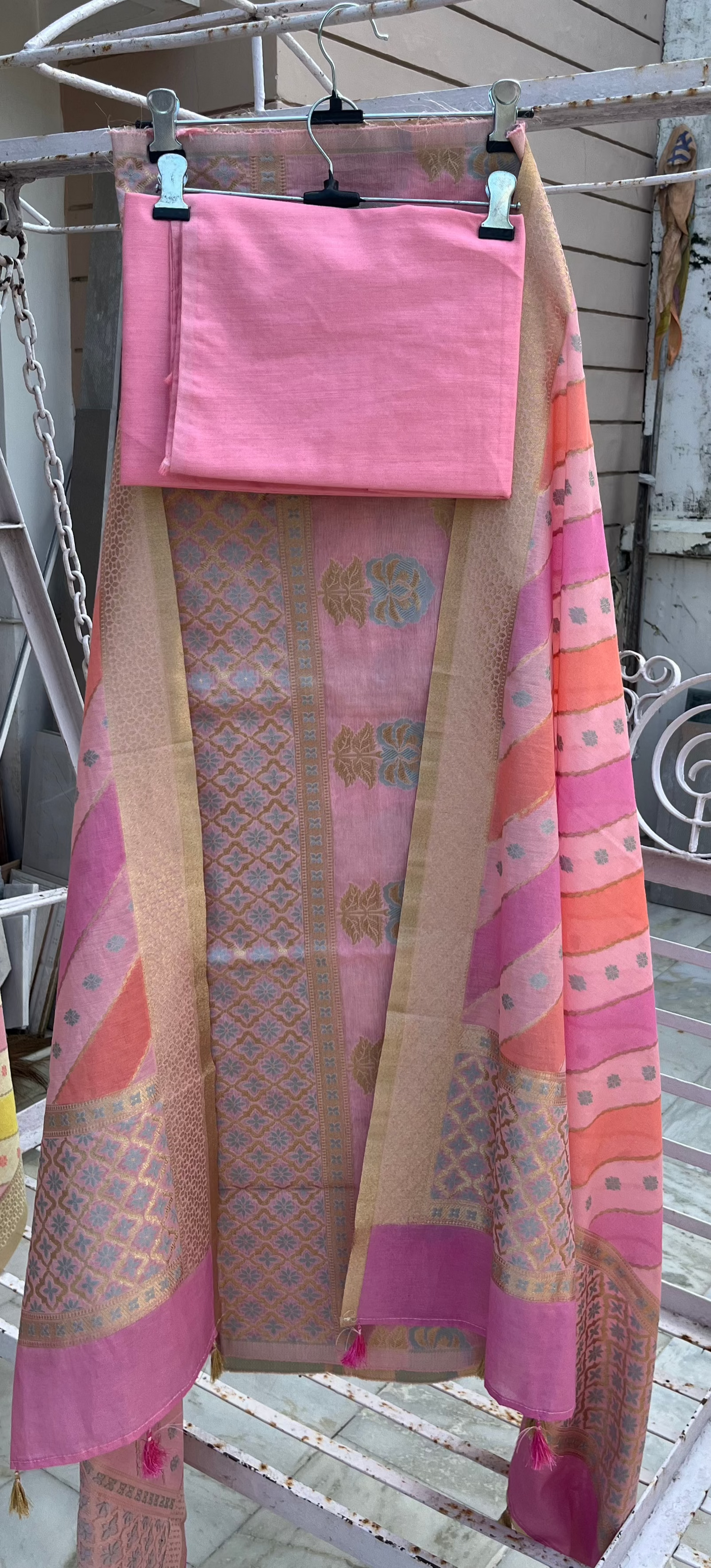 Pink Blue Banarasi Cotton Silk Suit Set