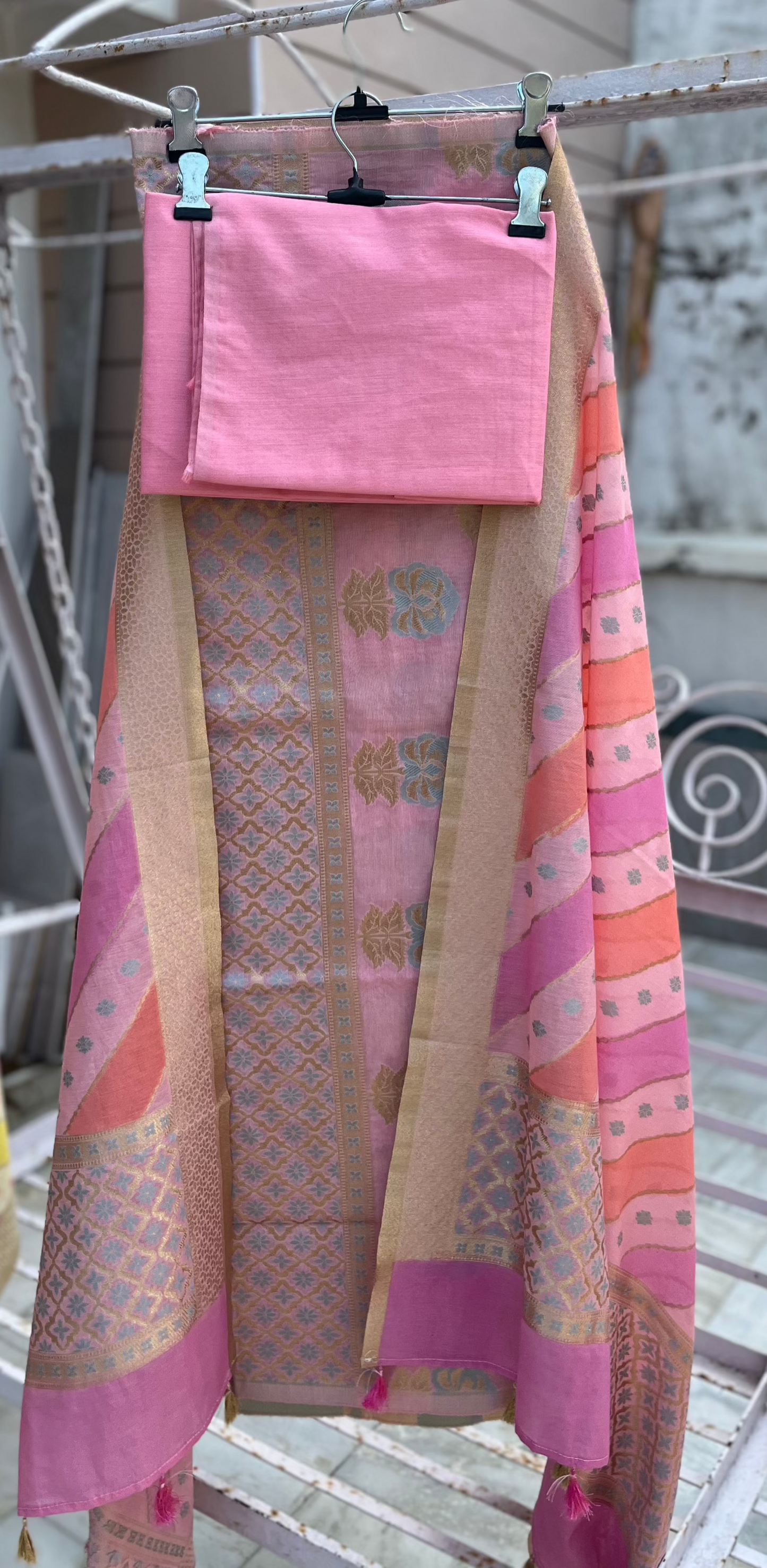 Pink Blue Banarasi Cotton Silk Suit Set