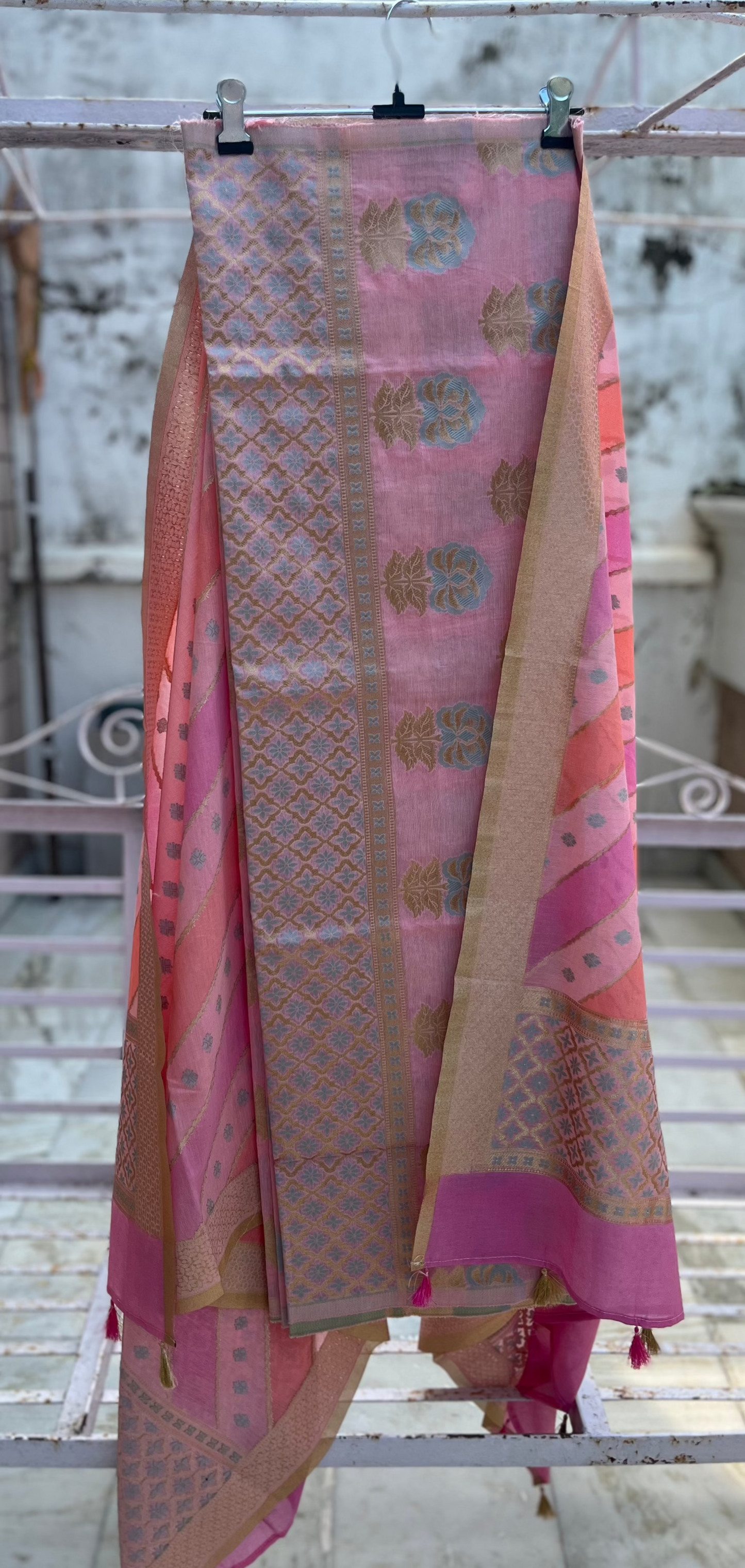 Pink Blue Banarasi Cotton Silk Suit Set