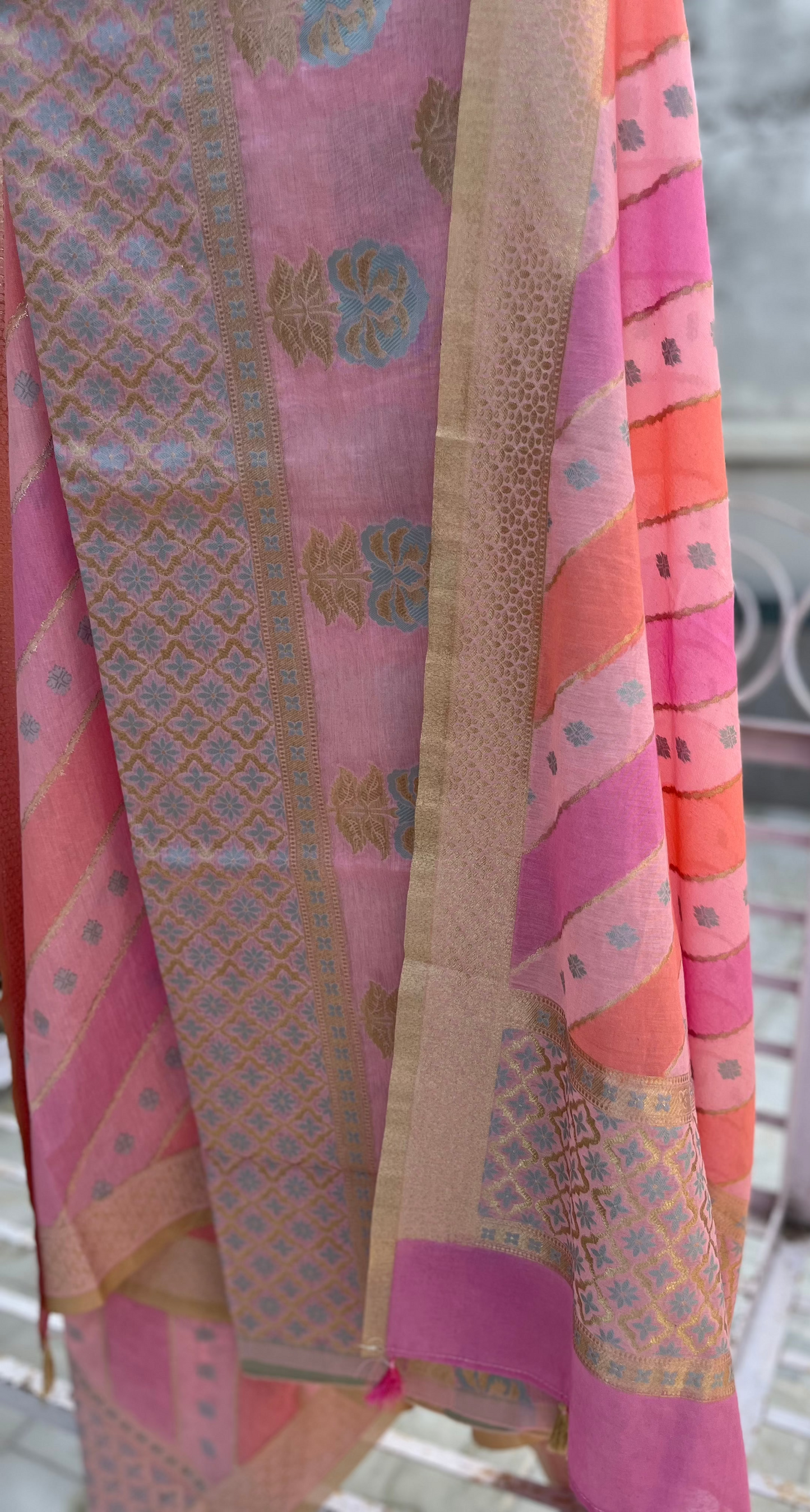 Pink Blue Banarasi Cotton Silk Suit Set