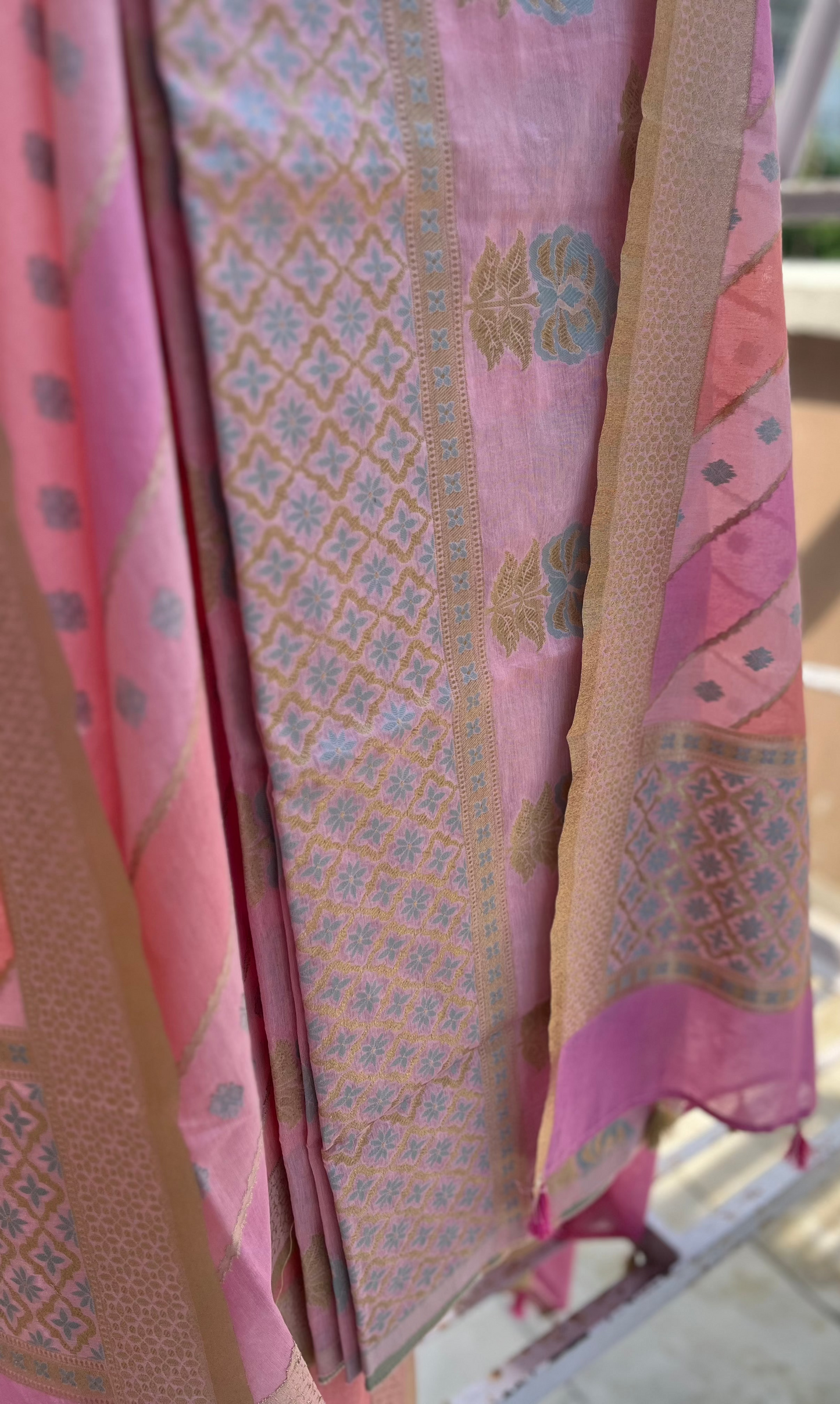 Pink Blue Banarasi Cotton Silk Suit Set