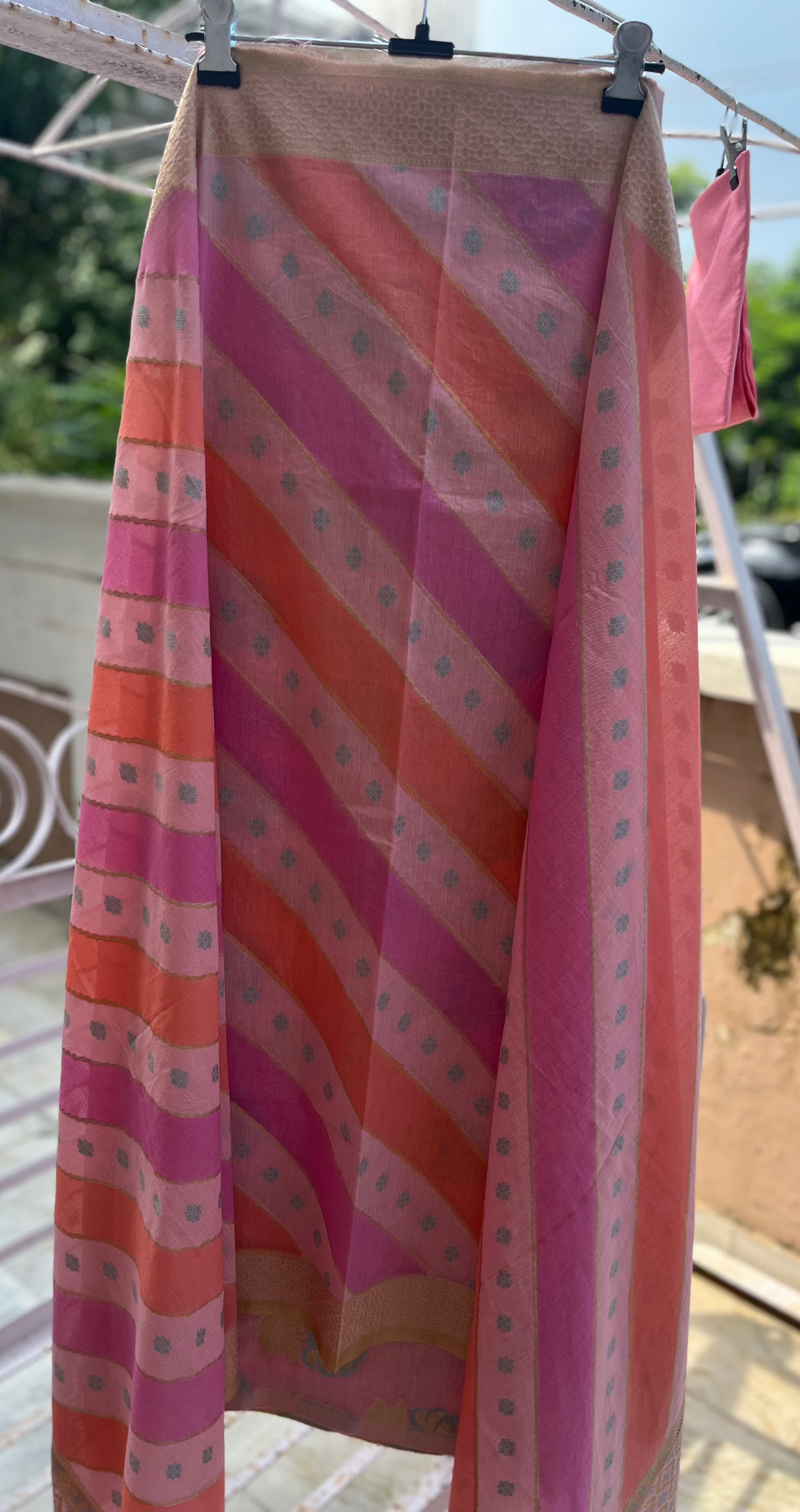 Pink Blue Banarasi Cotton Silk Suit Set