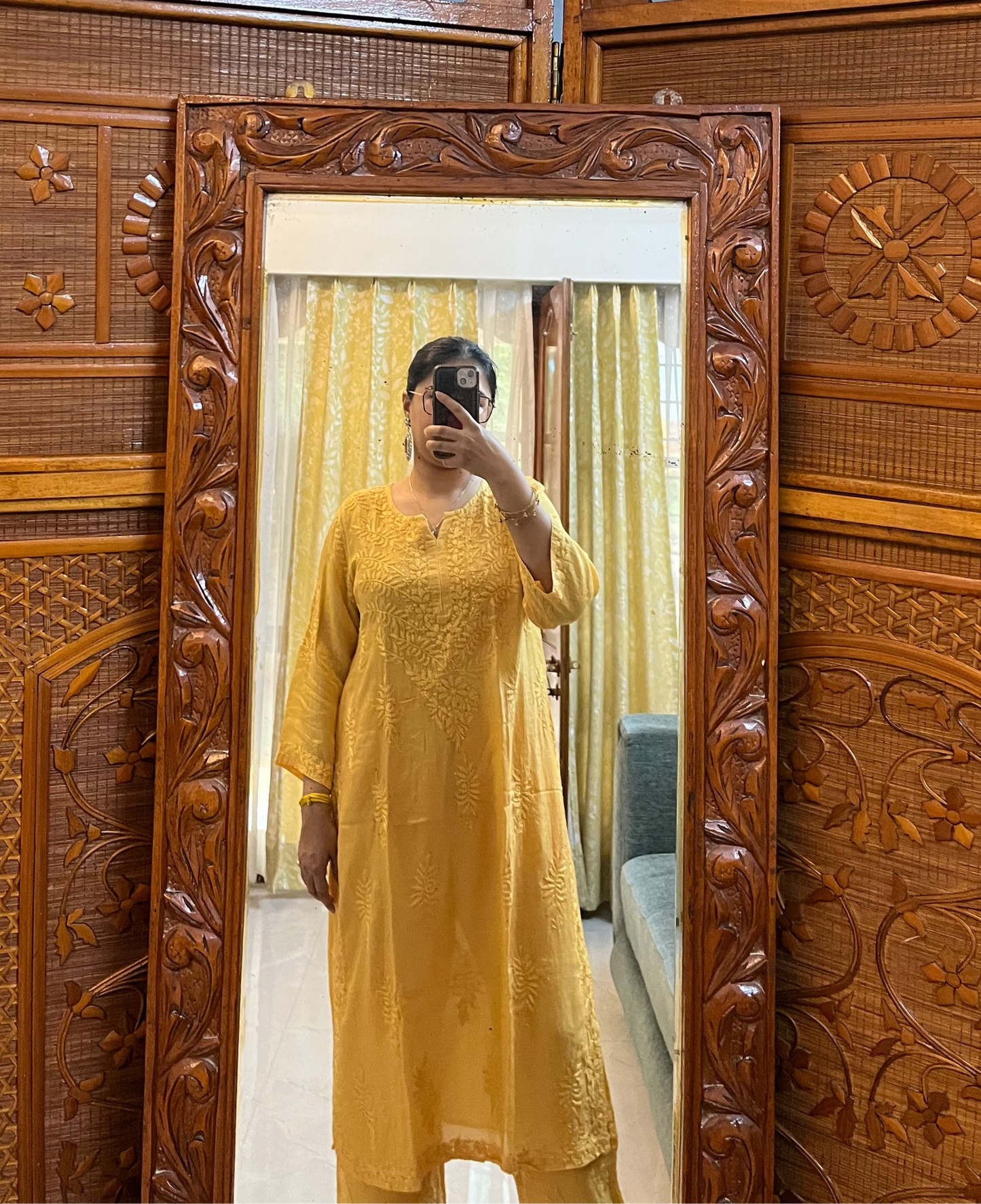 Yellow Muslin Mukaish Chikankari Kurta Pant Set
