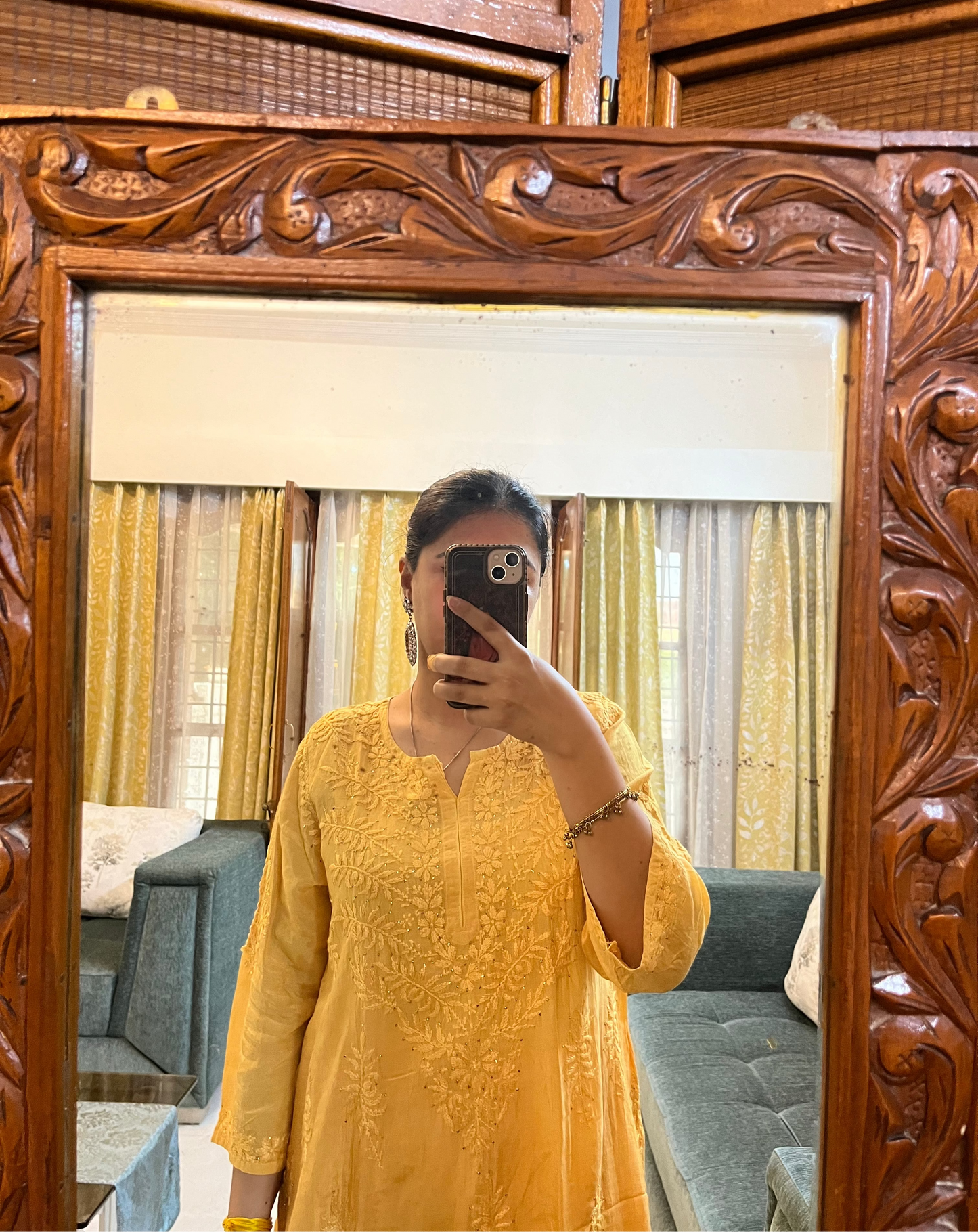 Yellow Muslin Mukaish Chikankari Kurta Pant Set