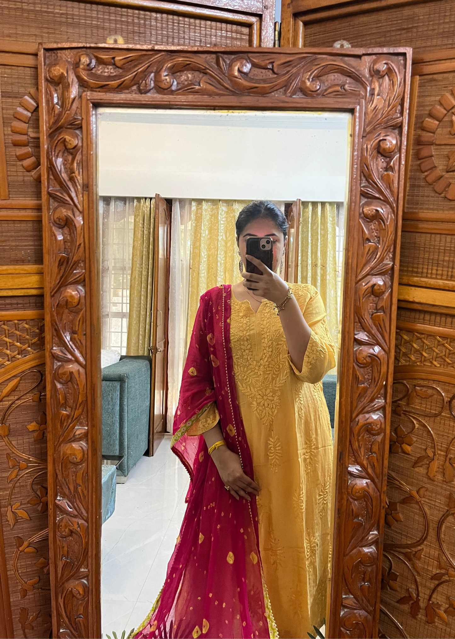 Yellow Muslin Mukaish Chikankari Kurta Pant Set
