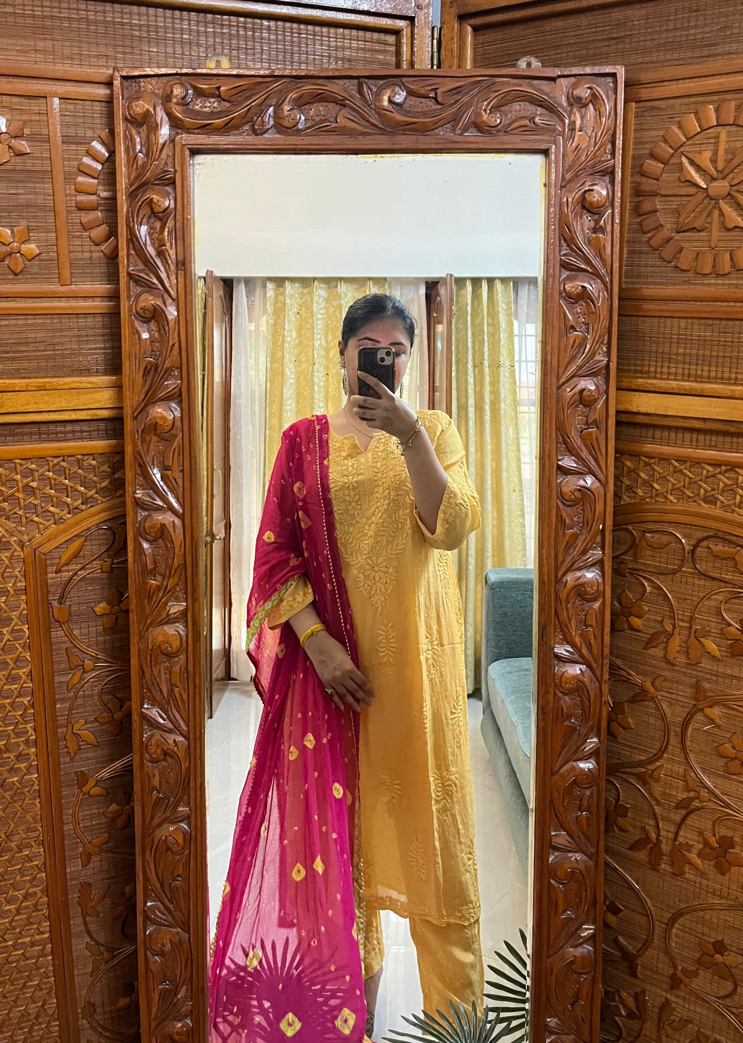 Yellow Muslin Mukaish Chikankari Kurta Pant Set