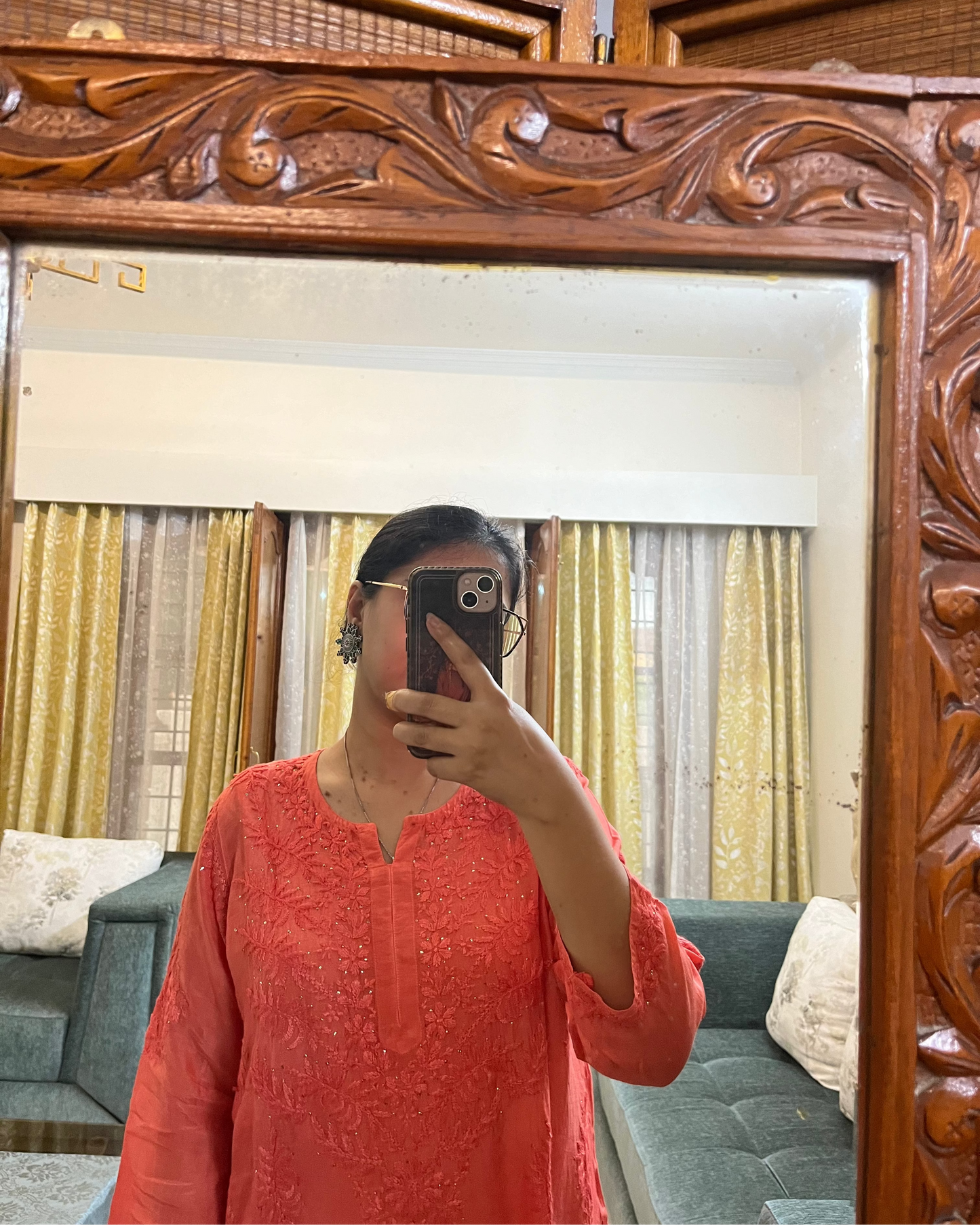Saffron Muslin Mukaish Chikankari Kurta Pant Set