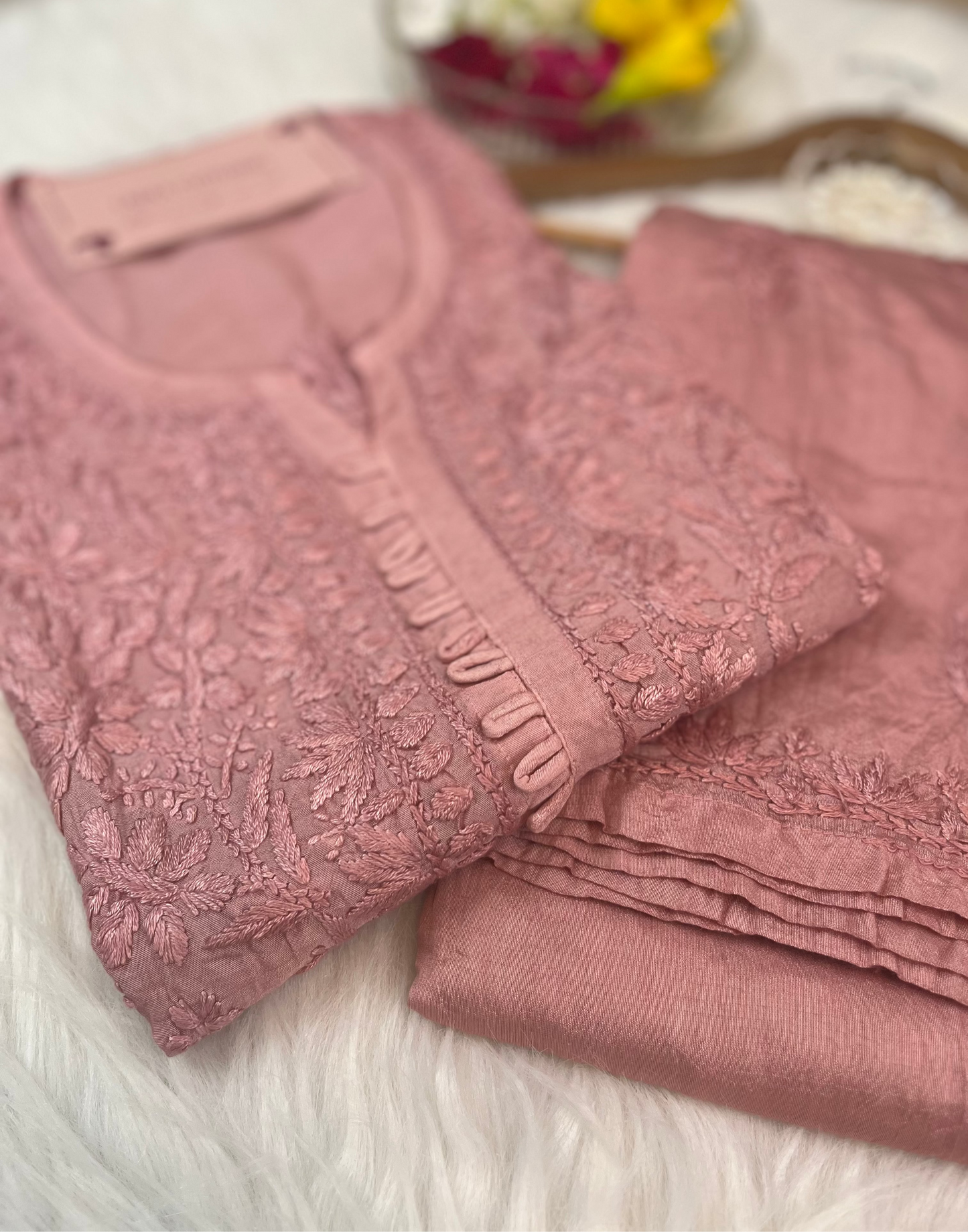 Powder Pink Chikankari Chanderi Kurta Pant