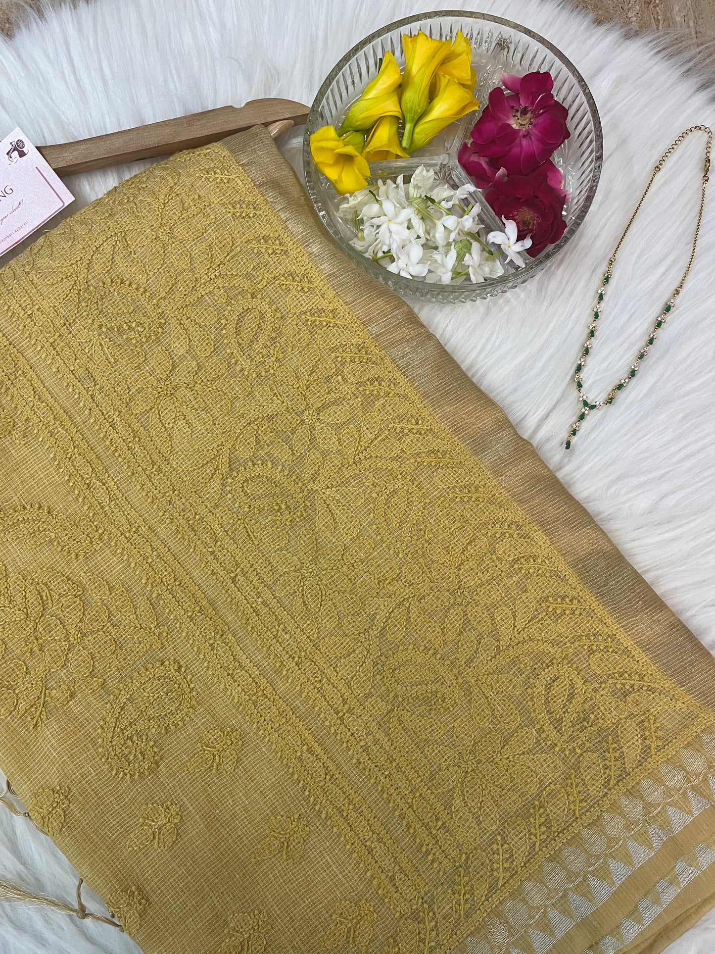 Yellow Tissue Chanderi Chikankari Saree