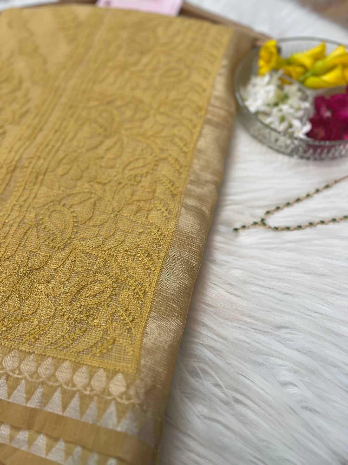 Yellow Tissue Chanderi Chikankari Saree