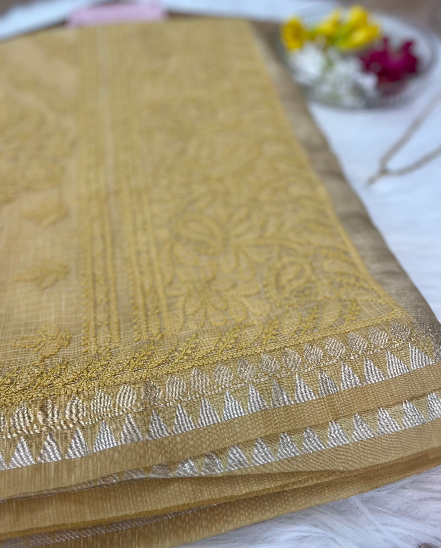 Yellow Tissue Chanderi Chikankari Saree