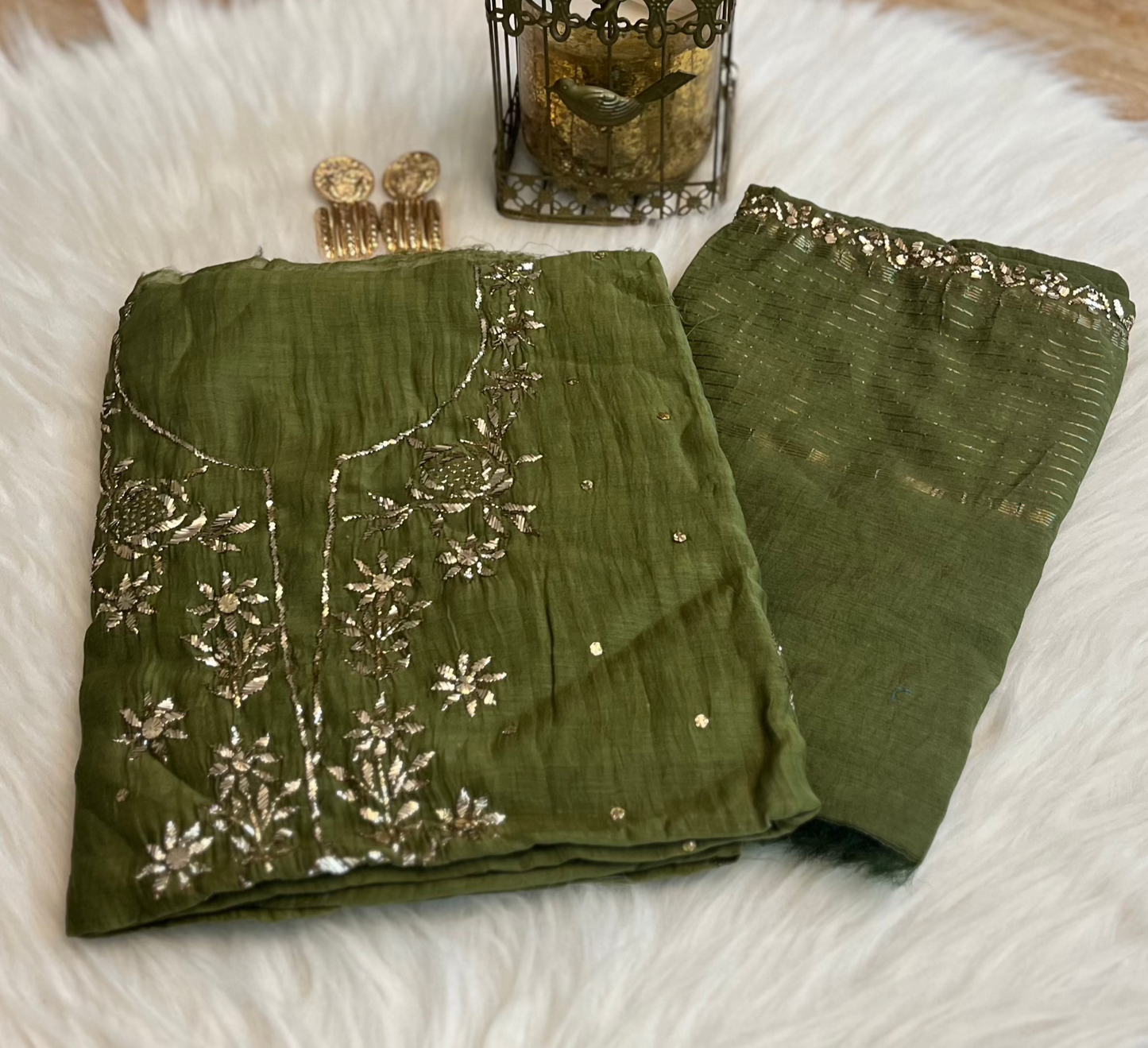 Mehendi Green Badla Chikankari Suit Set