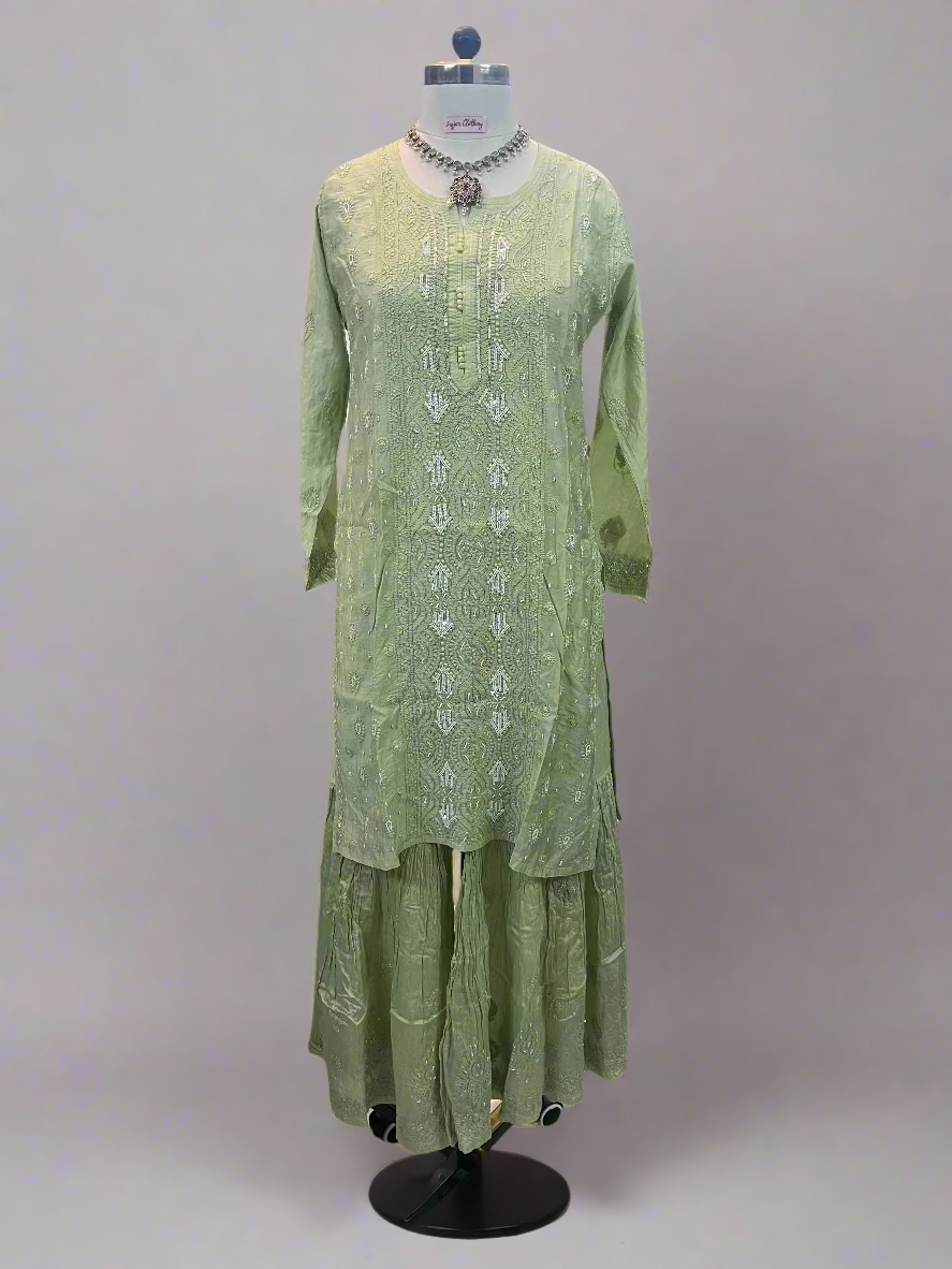 Pista Green Muslin Chikankari Gharara