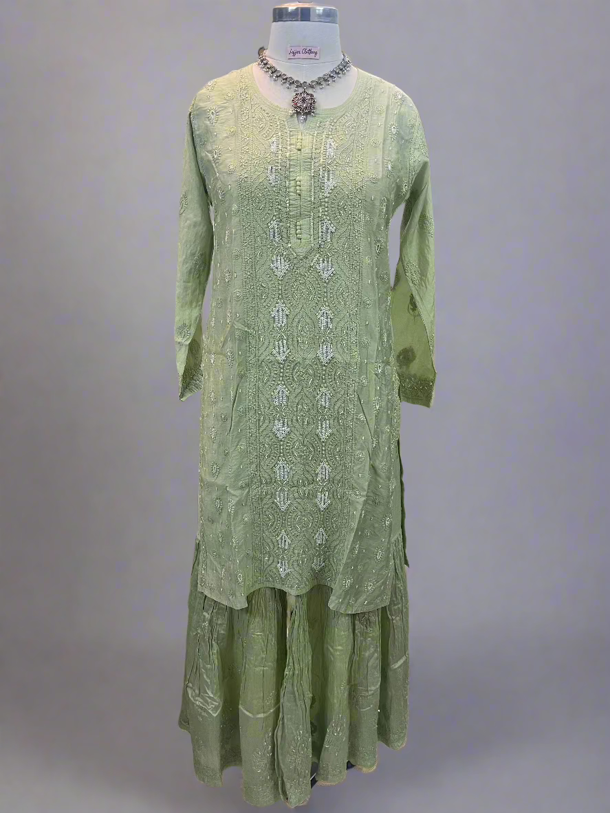Pista Green Muslin Chikankari Gharara