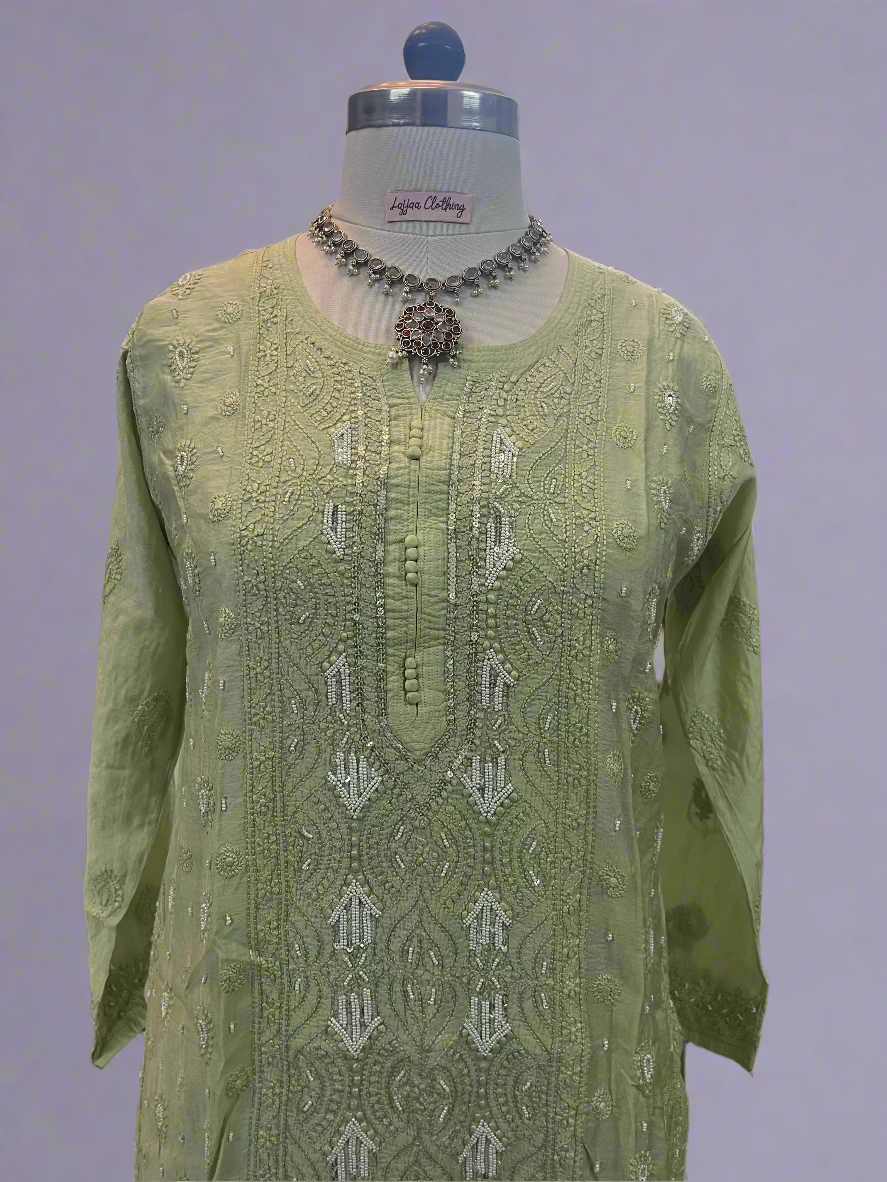 Pista Green Muslin Chikankari Gharara