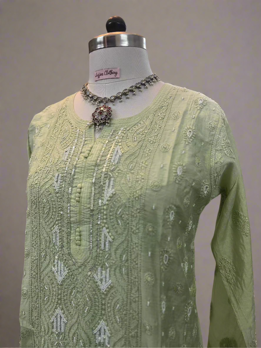 Pista Green Muslin Chikankari Gharara