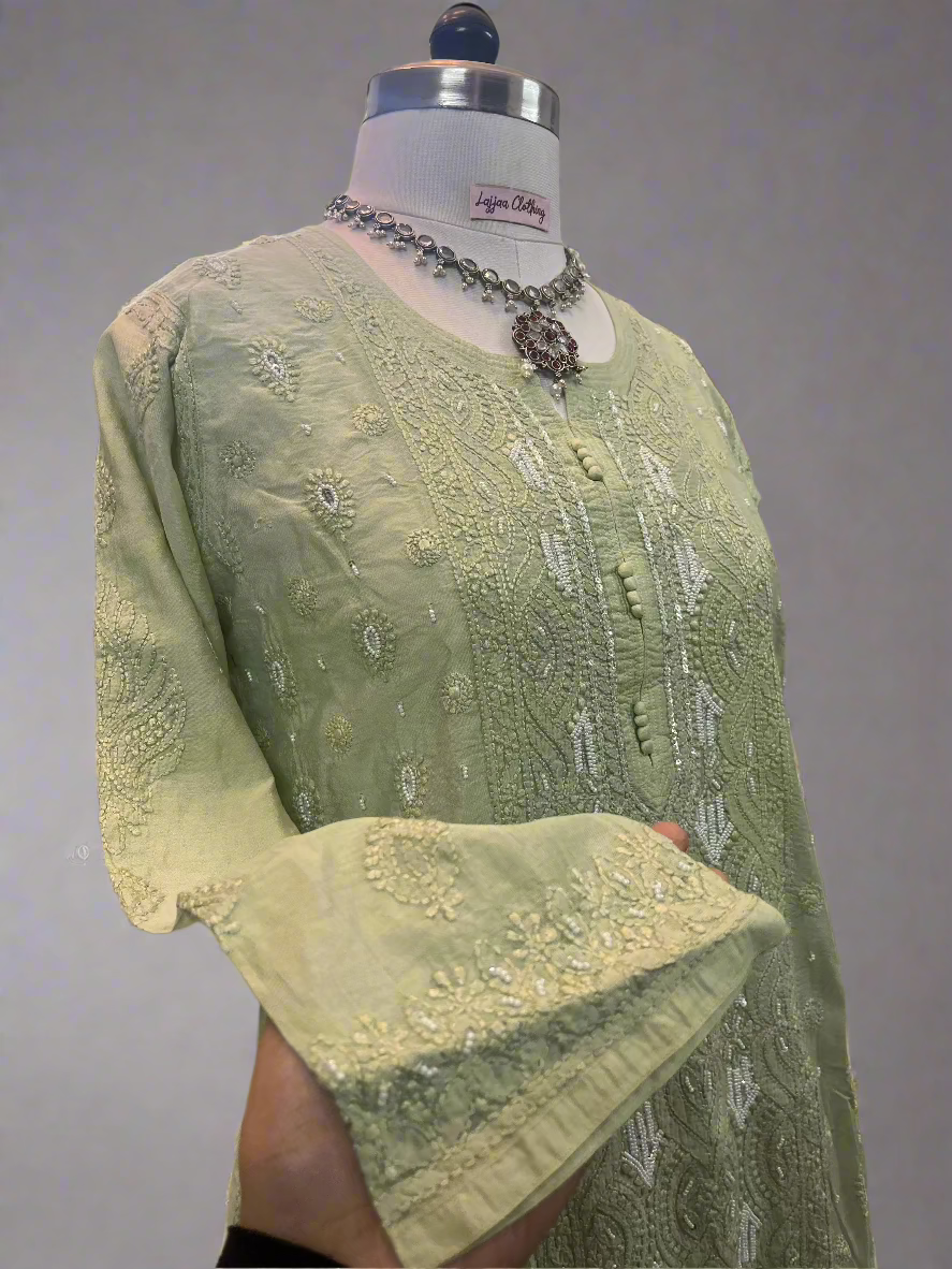 Pista Green Muslin Chikankari Gharara