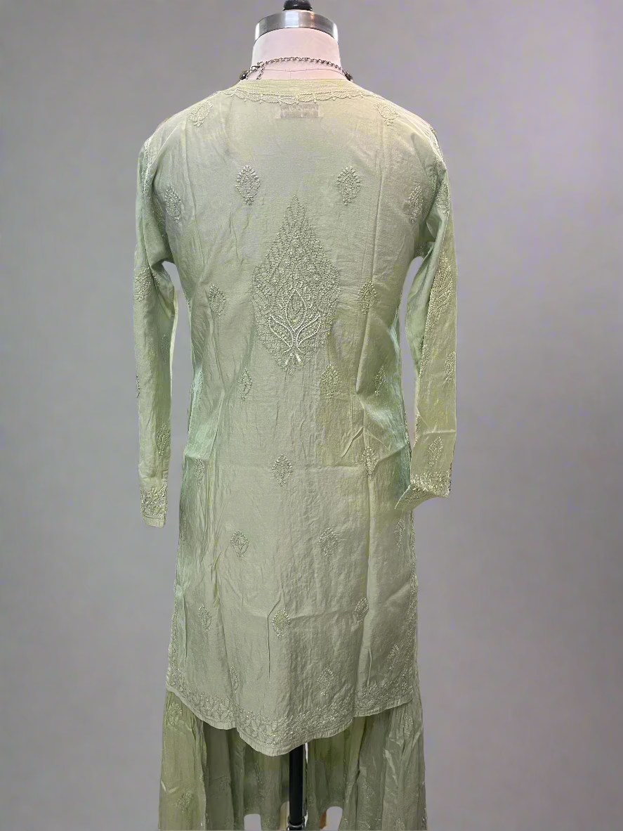 Pista Green Muslin Chikankari Gharara