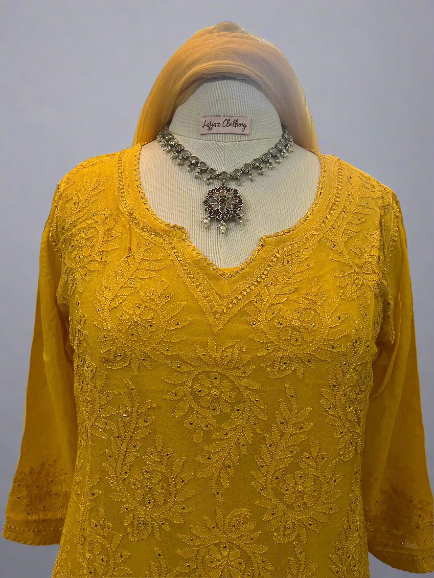 Yellow Georgette Chikankari Gharara
