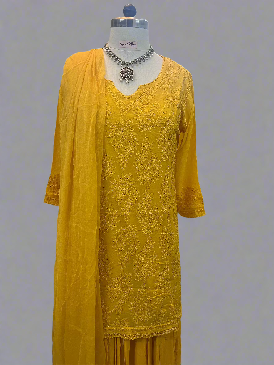 Yellow Georgette Chikankari Gharara