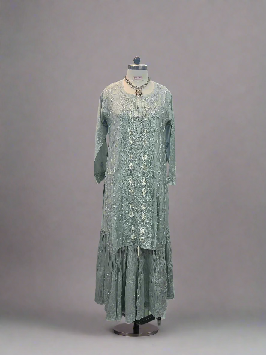 Grey Muslin Chikankari Gharara