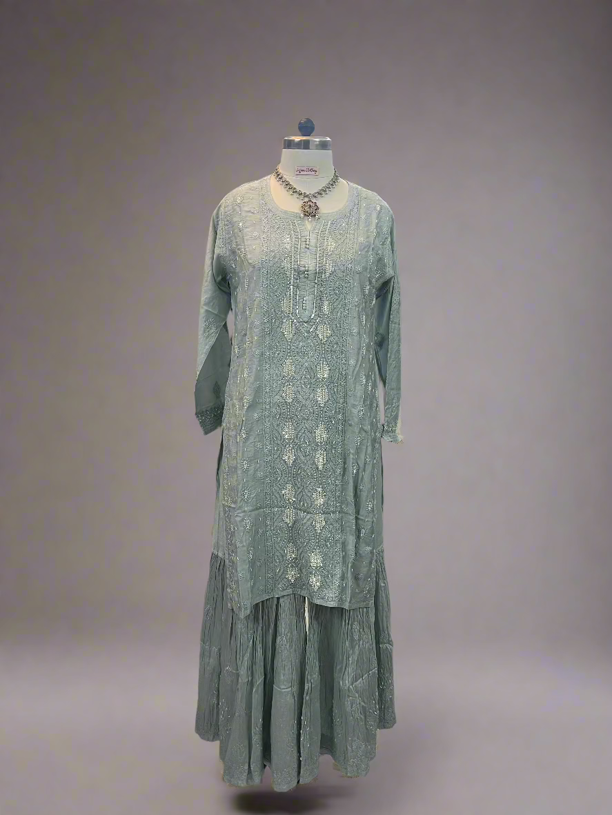 Grey Muslin Chikankari Gharara