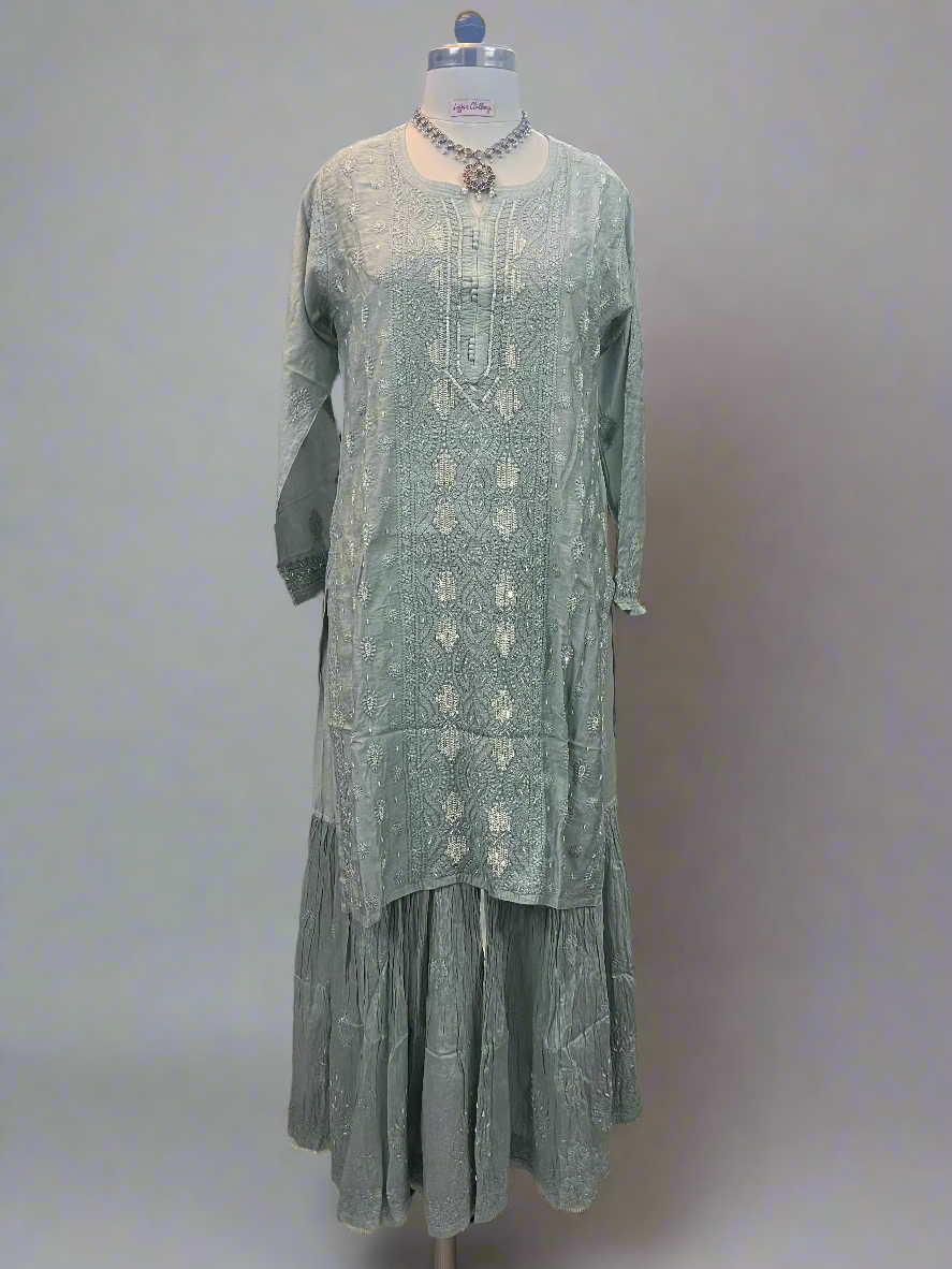 Grey Muslin Chikankari Gharara