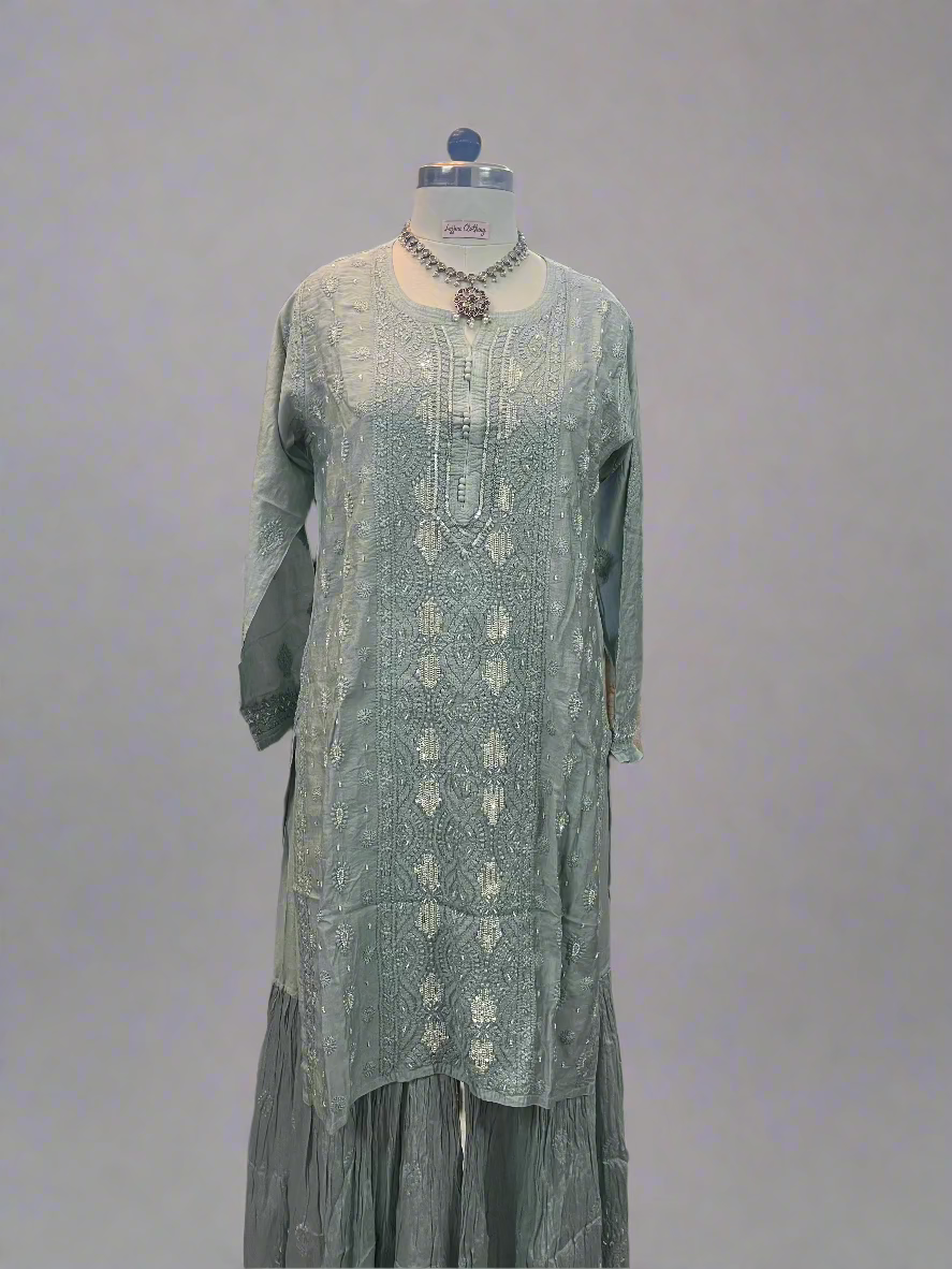 Grey Muslin Chikankari Gharara