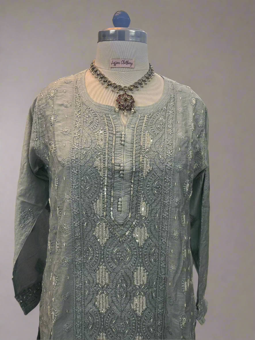 Grey Muslin Chikankari Gharara