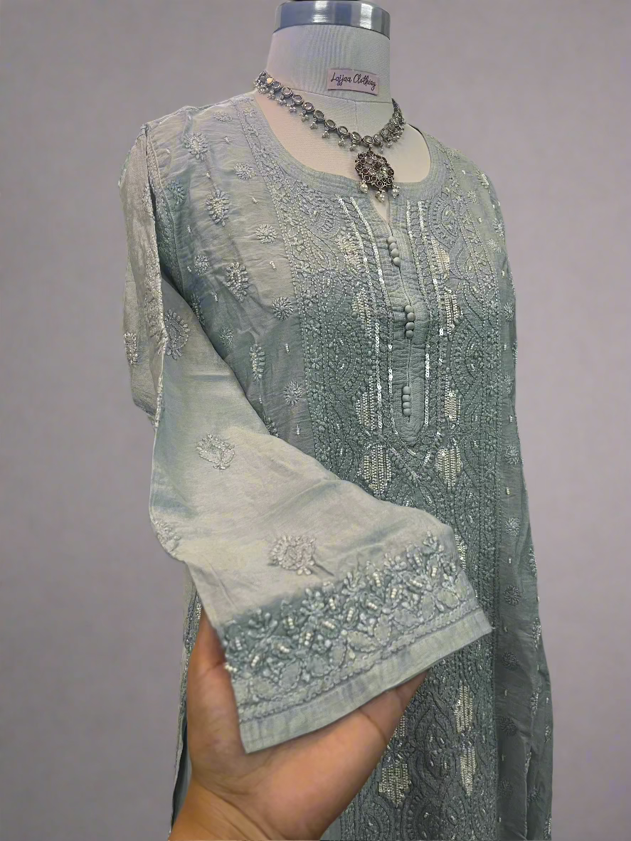 Grey Muslin Chikankari Gharara