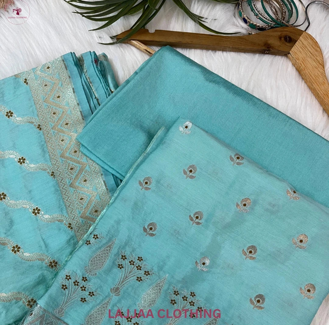 Aqua Blue Chiniya Banarasi Silk Suit Set
