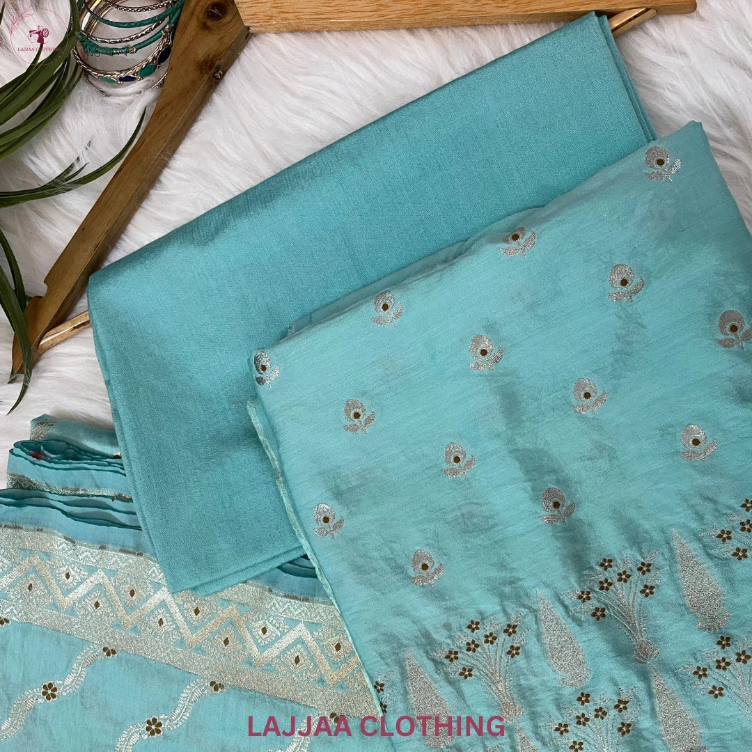 Aqua Blue Chiniya Banarasi Silk Suit Set